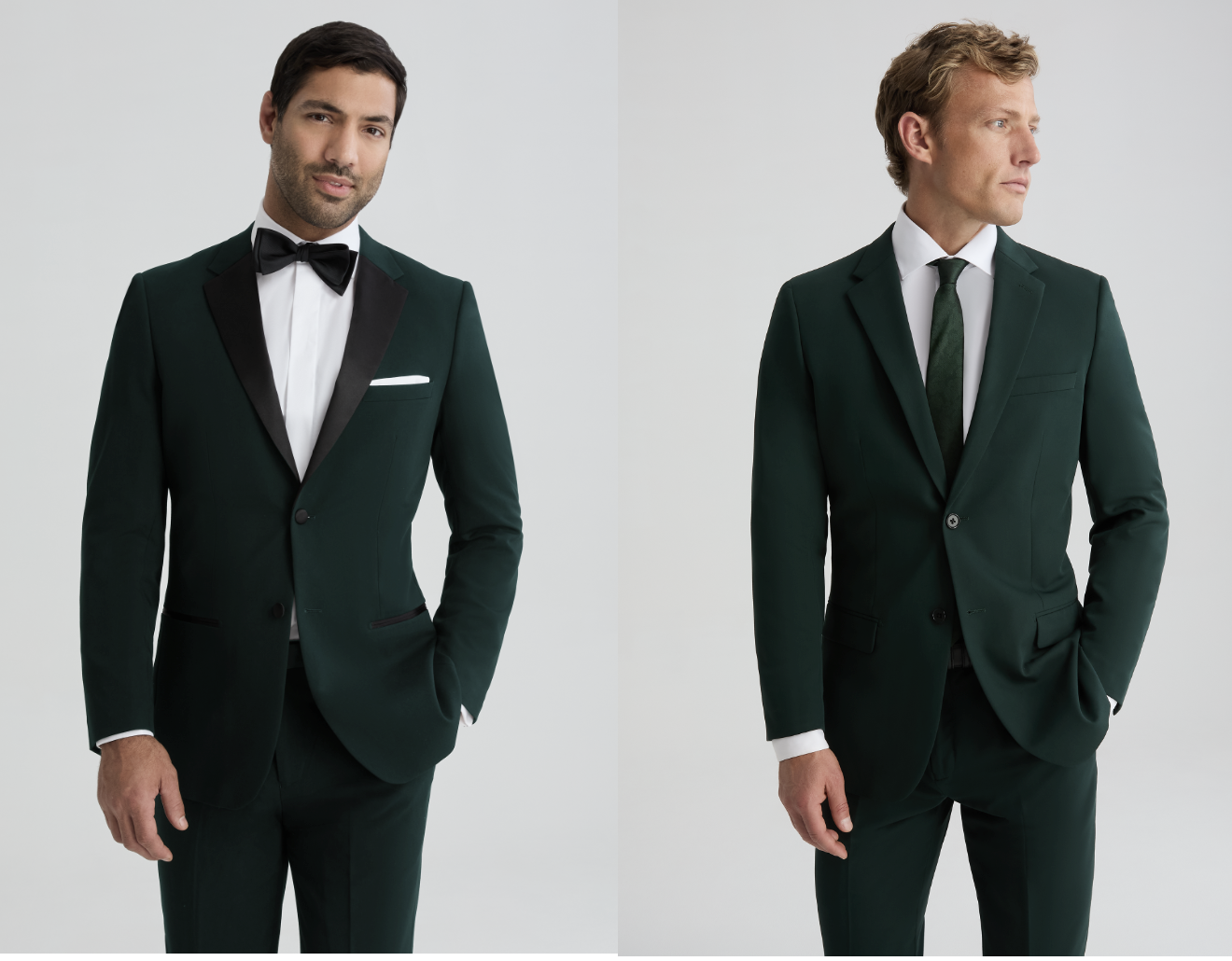 A side by side comparison of a tuxedo and suit, both in a dark green shade.