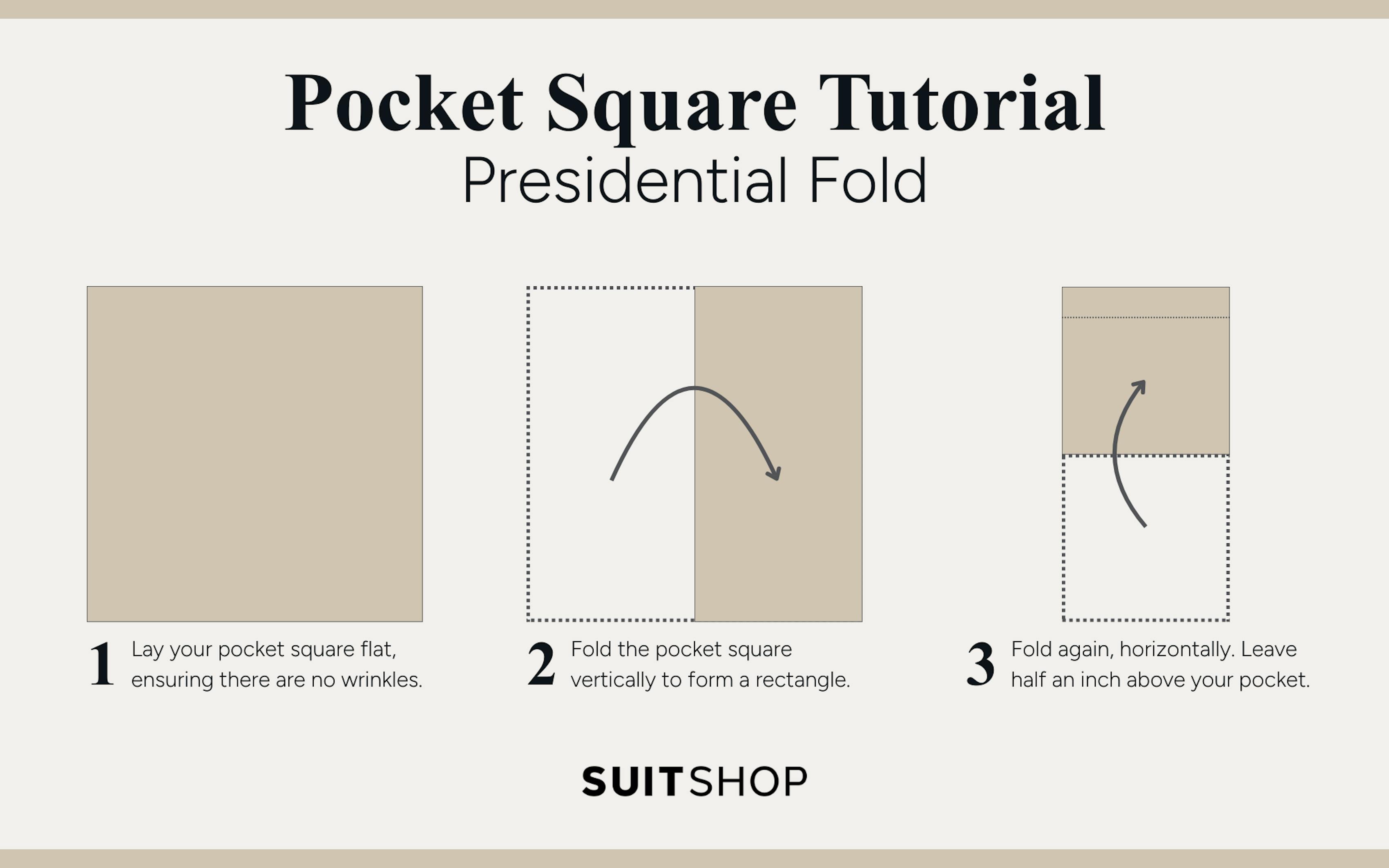 Infographic showing how to fold a pocket square into a presidential fold.