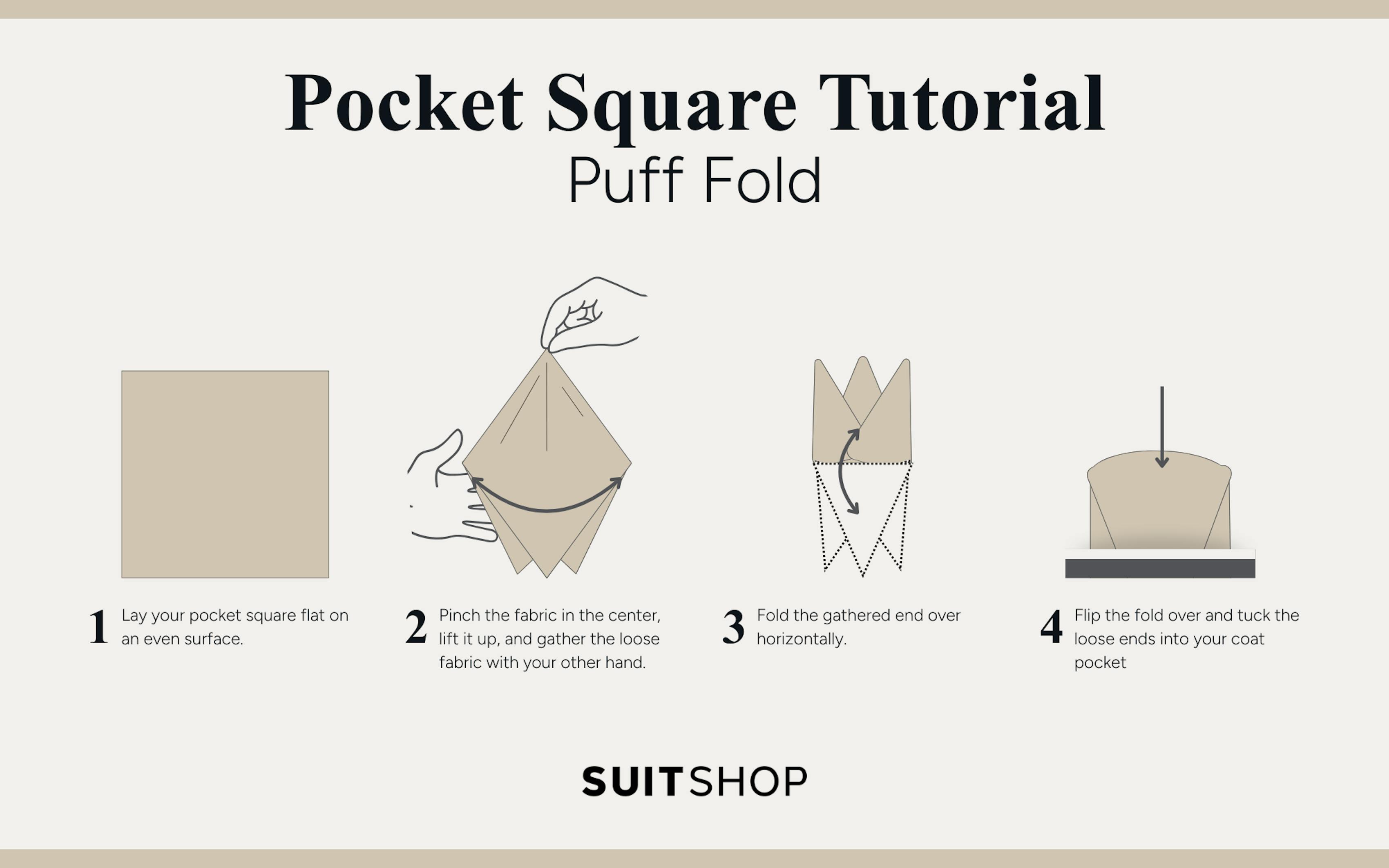 Infographic showing how to fold a pocket square into a puff fold.