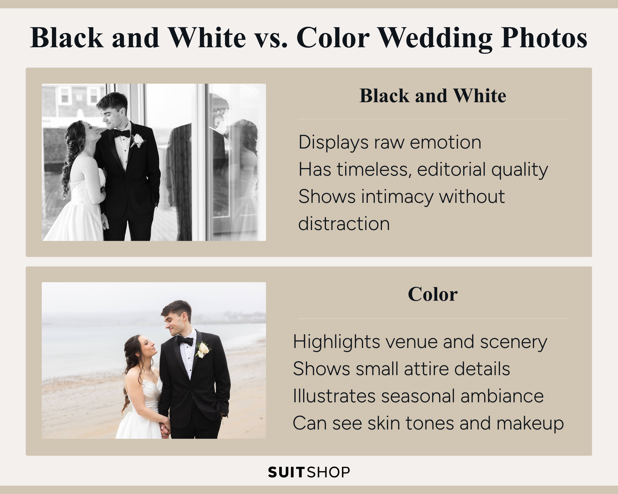 Infographic depicting the different sentiments that black and white wedding photos hold versus wedding photos in full color.