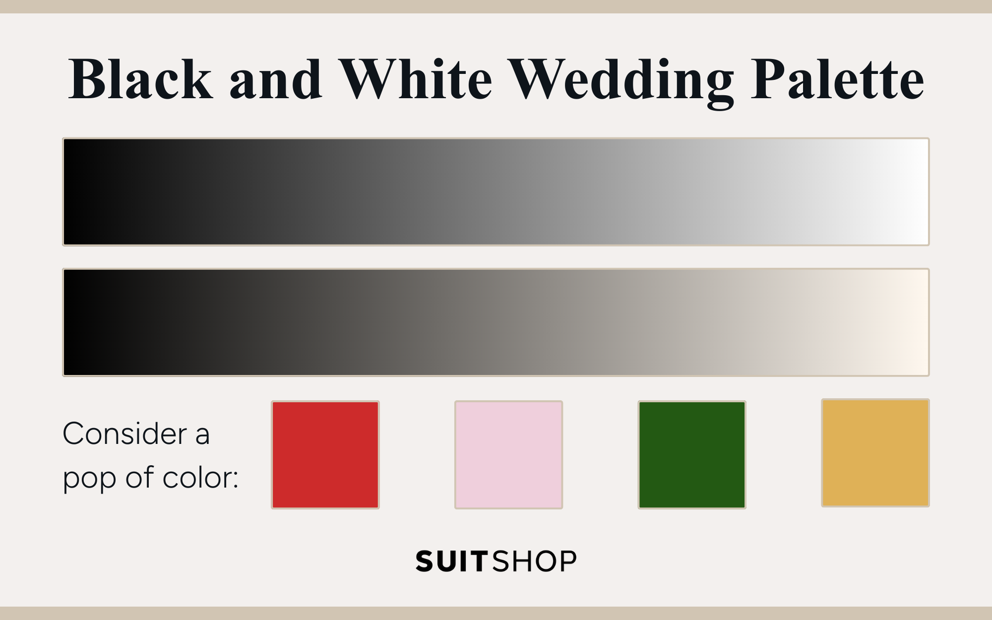 Infographic depicting the general color palette of black and white weddings, with suggestions to add pops of color.
