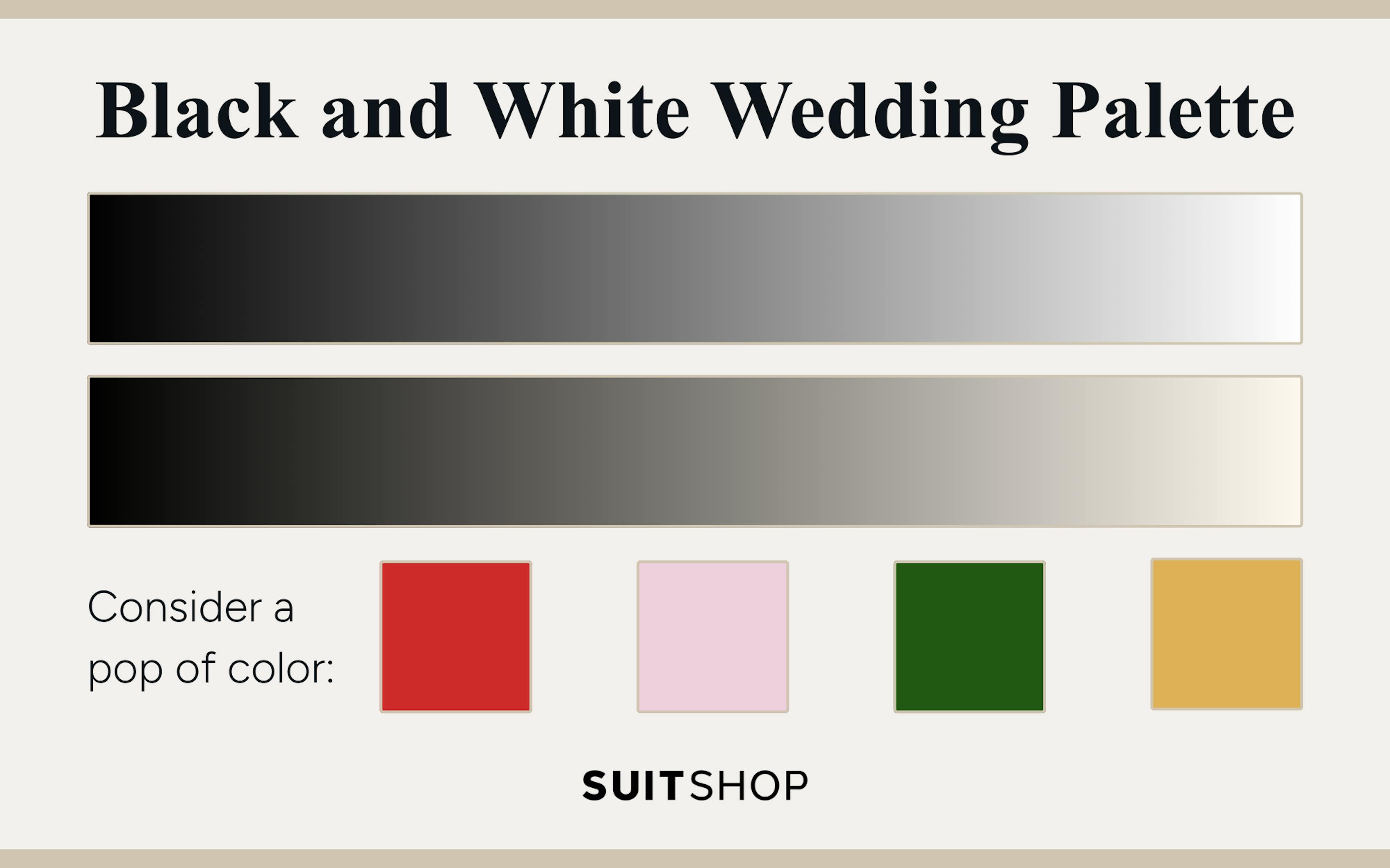Infographic depicting the general color palette of black and white weddings, with suggestions to add pops of color.