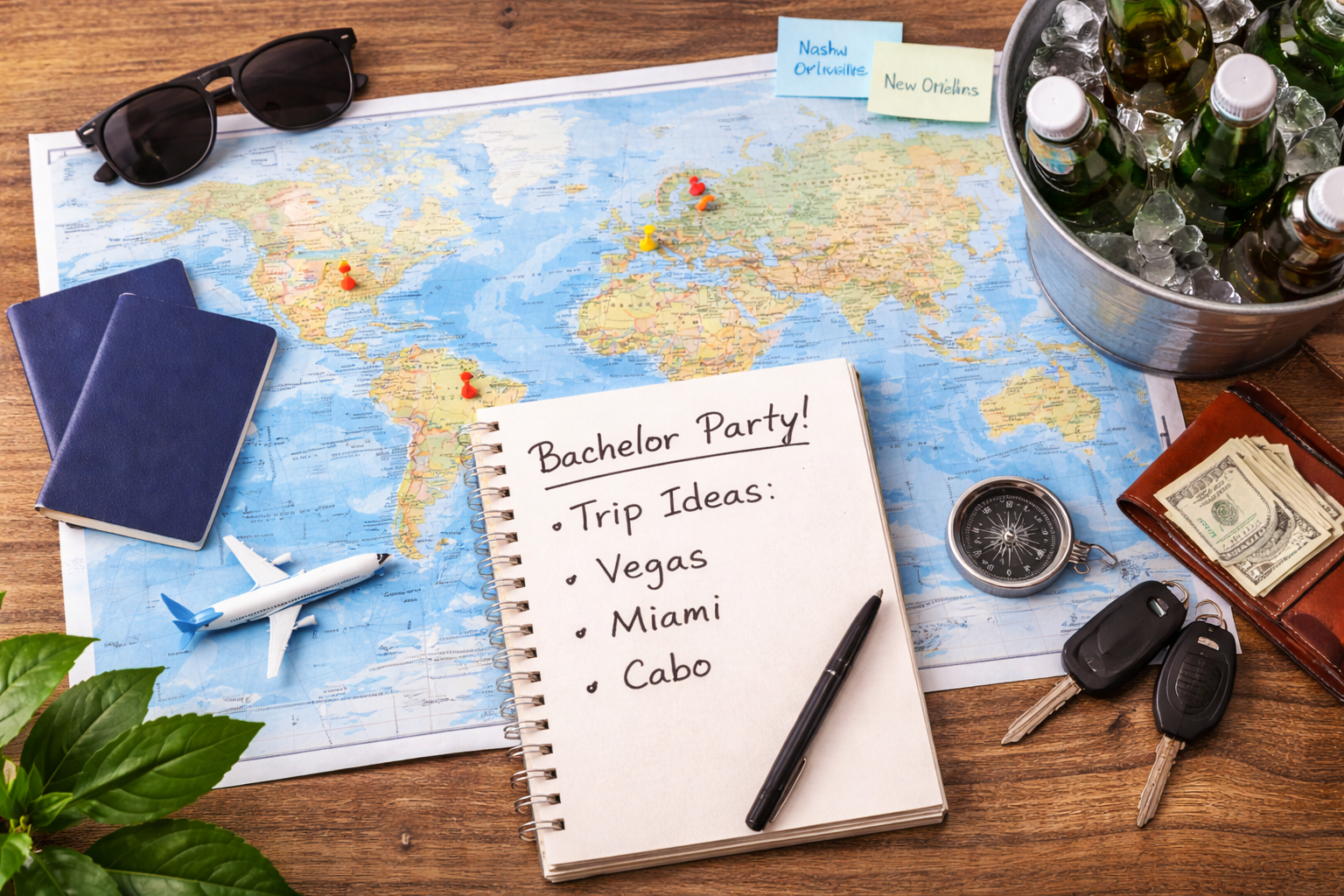 A wooden table cluttered with bachelor party planning items including a notebook, map, wallet, keys, sunglasses, beer, compass, passports, and a miniature plane.
