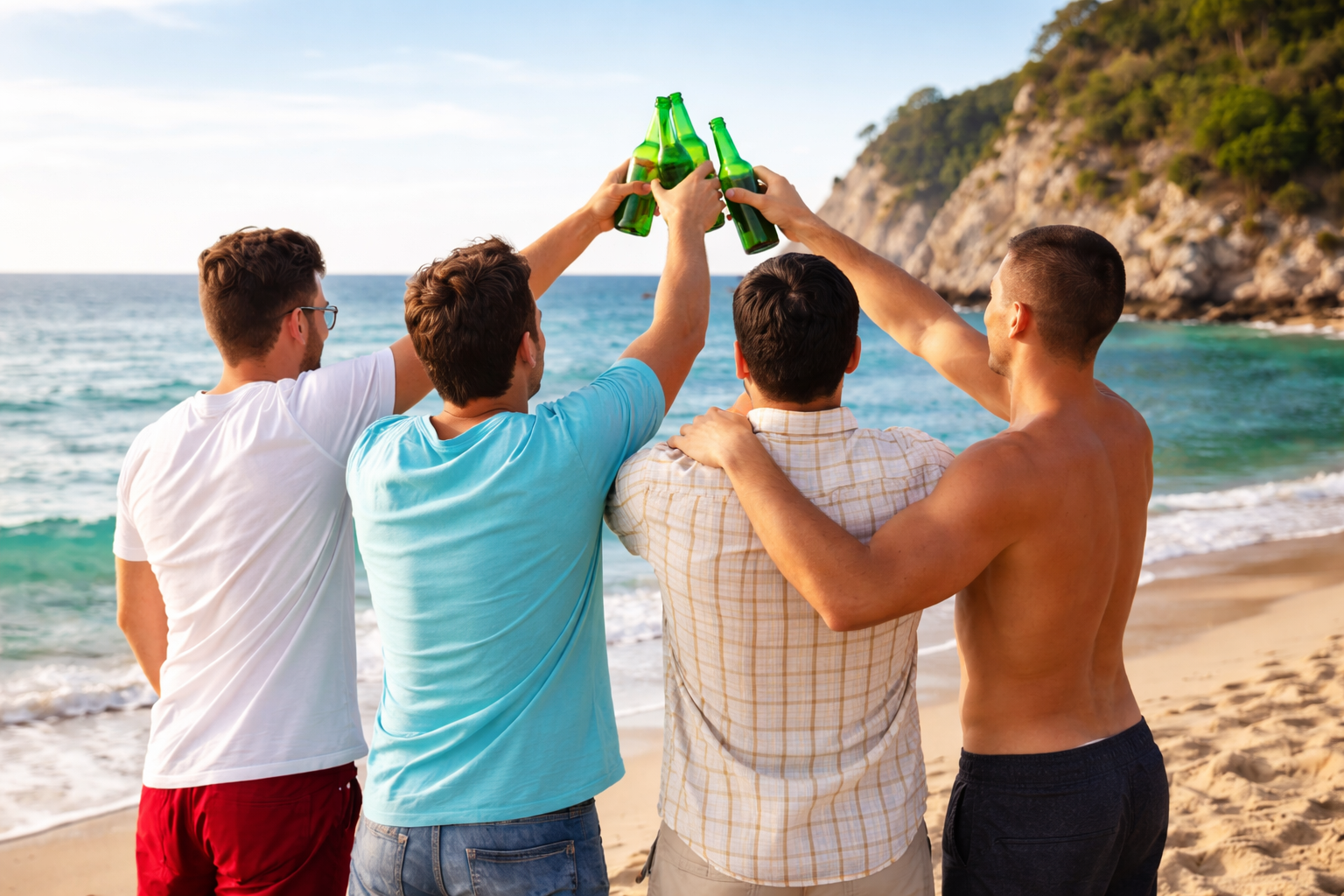 Rear shot of four men on a bachelors trip staring off into the ocean on the beach clinking their beer bottles together.