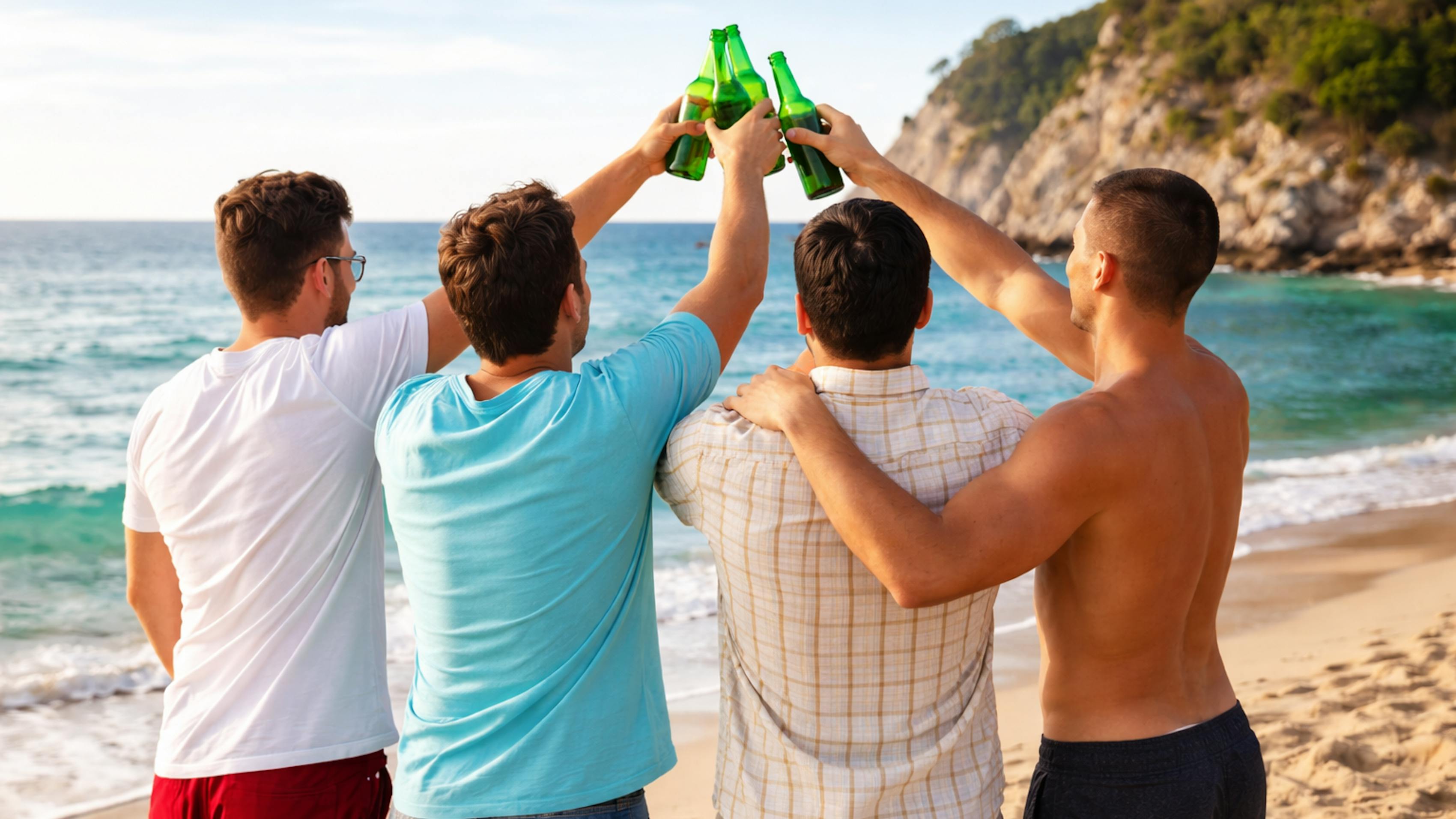Rear shot of four men on a bachelors trip staring off into the ocean on the beach clinking their beer bottles together.