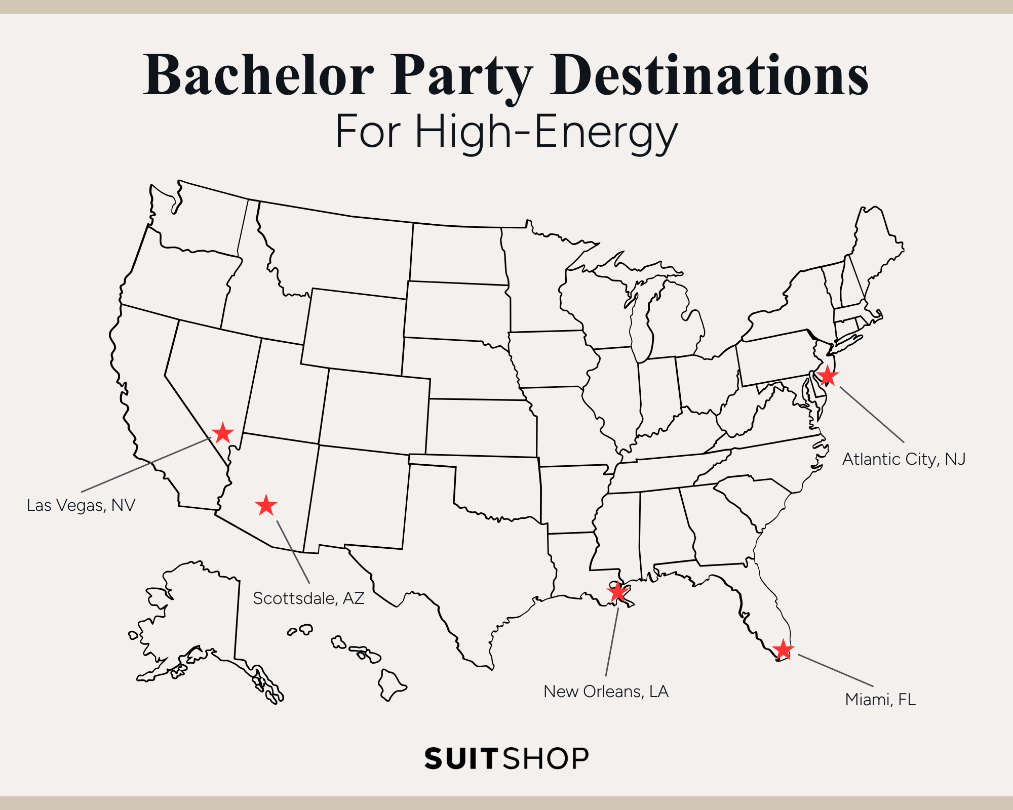 U.S. map highlighting Las Vegas, Miami, New Orleans, Scottsdale, and Atlantic City as top high-energy bachelor party destinations.