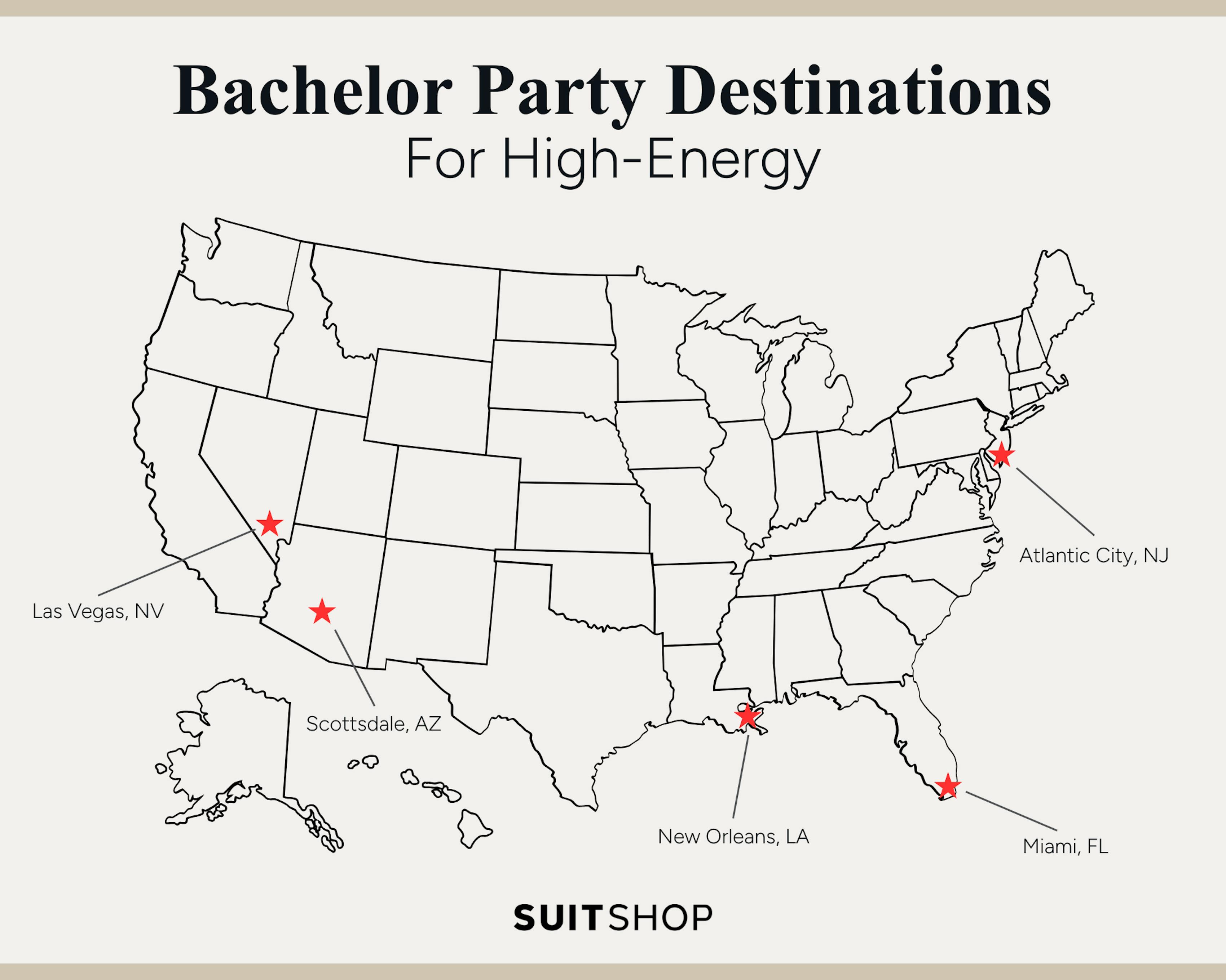 U.S. map highlighting Las Vegas, Miami, New Orleans, Scottsdale, and Atlantic City as top high-energy bachelor party destinations.