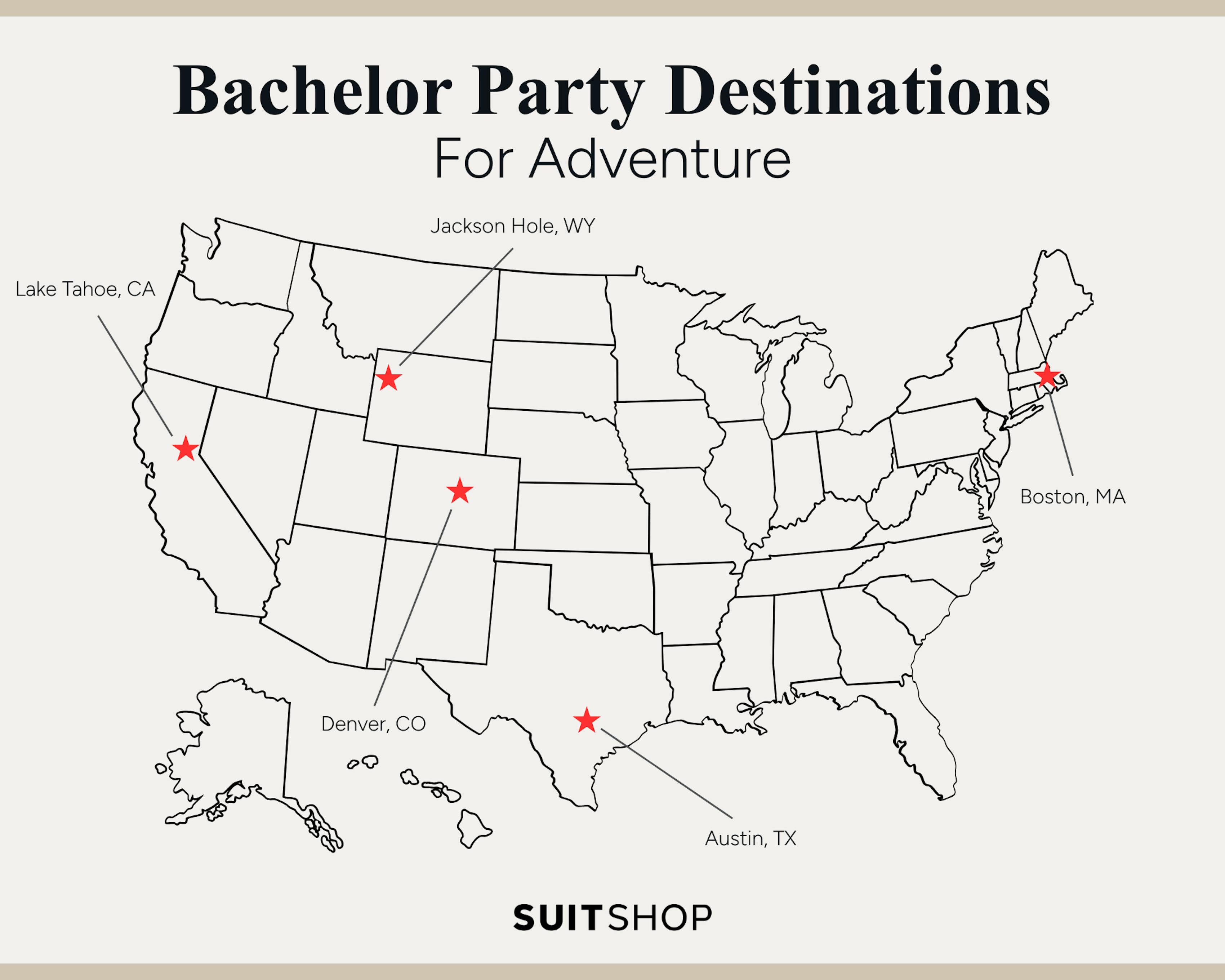 U.S. map highlighting Jackson Hole, Lake Tahoe, Austin, Denver, and Boston as top adventure-filled bachelor party destinations.