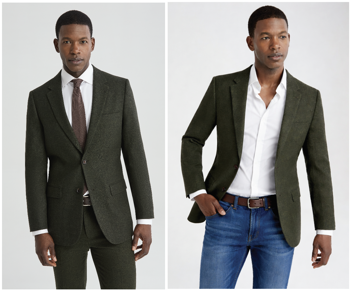 A side by side comparison of a man wearing a suit jacket versus a blazer. Both are made out of a dark green tweed material.