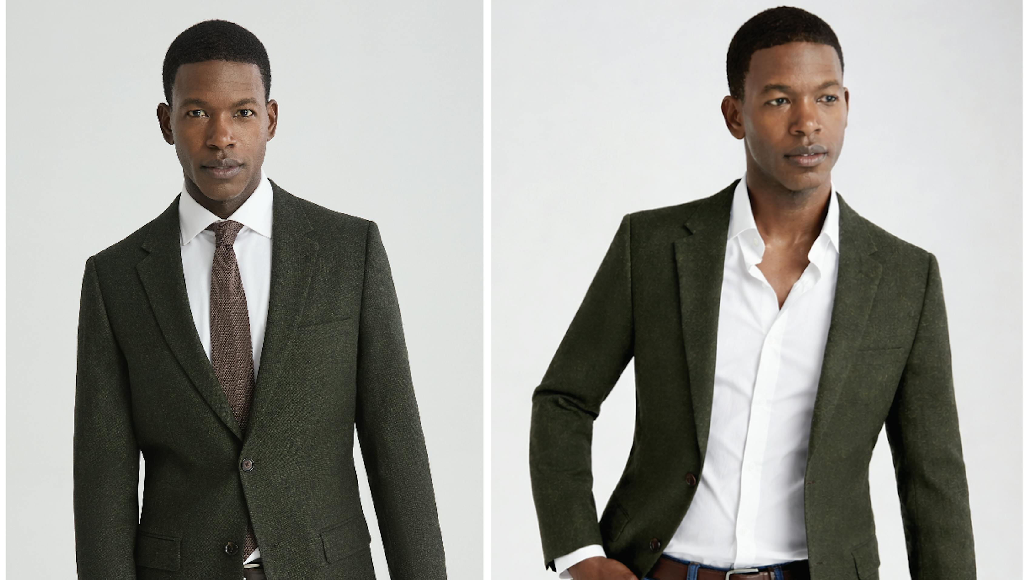 A side by side comparison of a man wearing a suit jacket versus a blazer. Both are made out of a dark green tweed material.