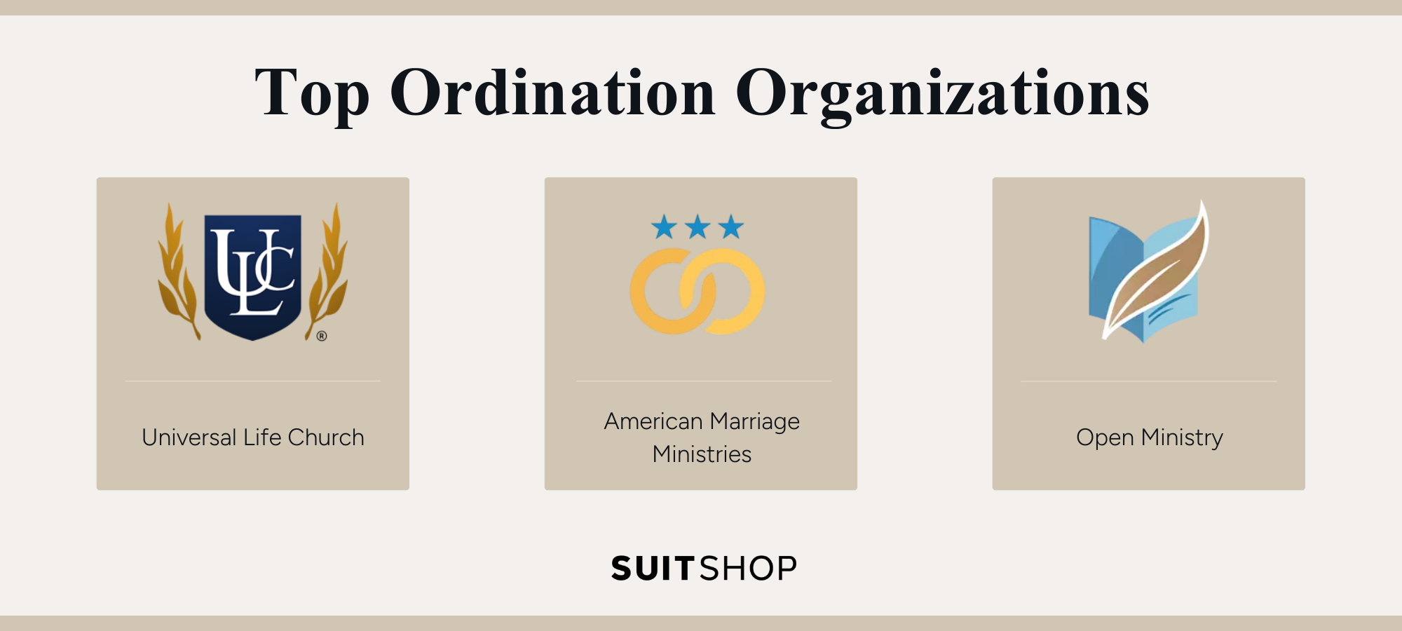 Infographic showing SuitShop's top 3 ordination organizations: Universal Life Church, American Marriage Ministries, and Open Ministry