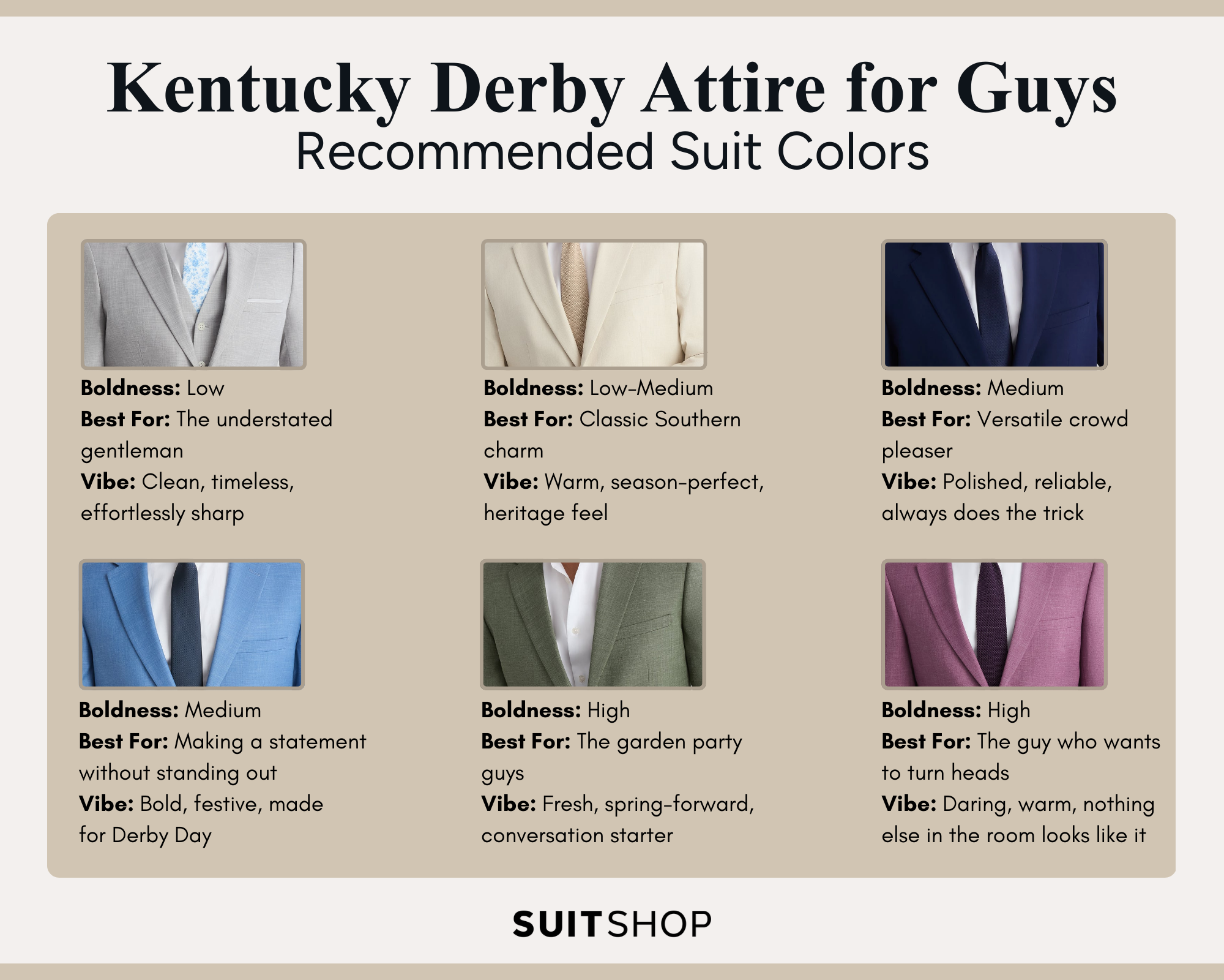 An infographic showing the six top suit color picks for a men's kentucky derby outfit, ranked by boldness: light grey, tan, brilliant blue, denim blue, olive green, and plum.