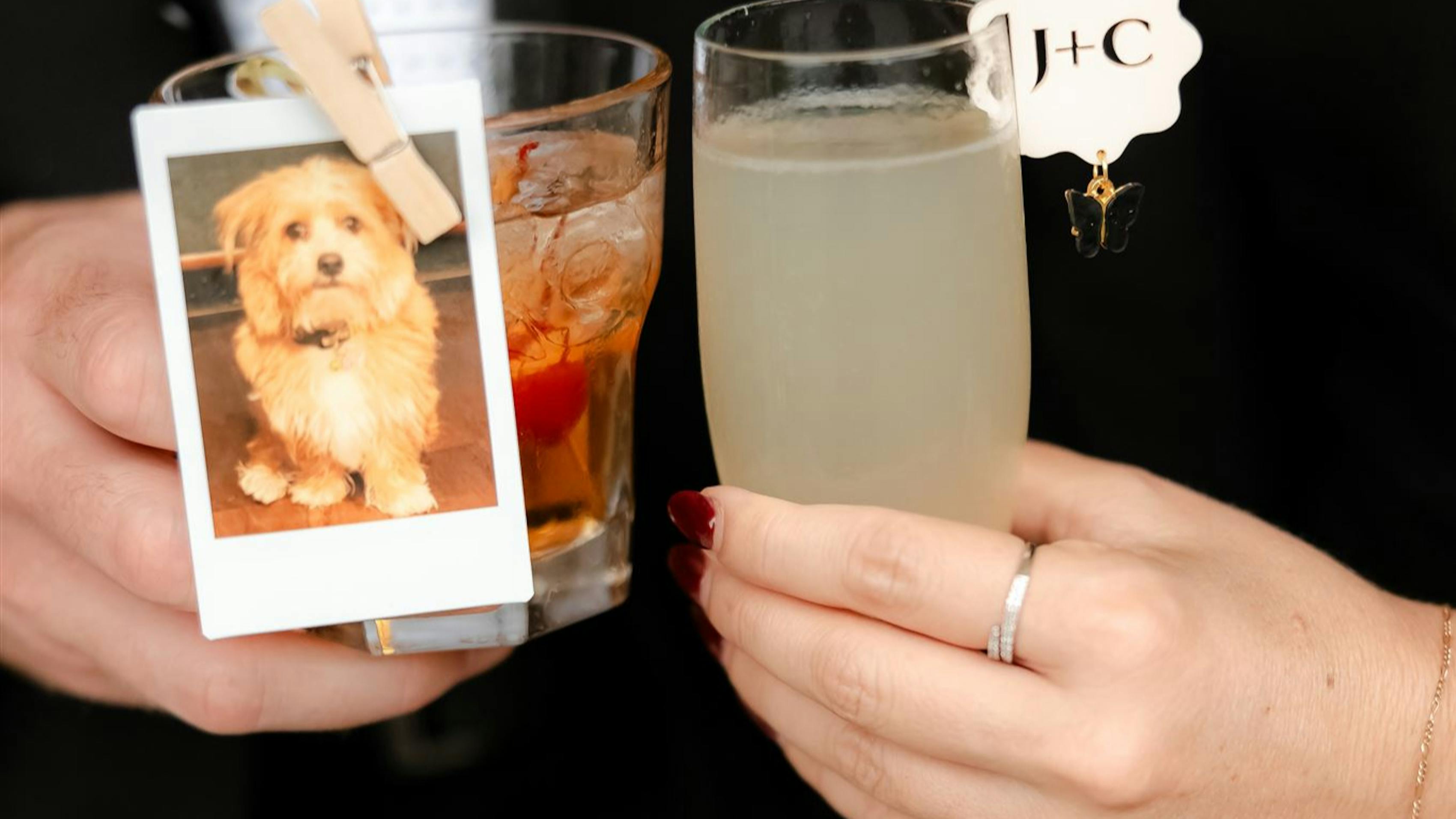 Close-up of newlyweds' hands as they clink a drink. The man is holding a mixed cocktail with a polaroid of a dog attached to it by a clip. The woman is holding a flute of champagne.