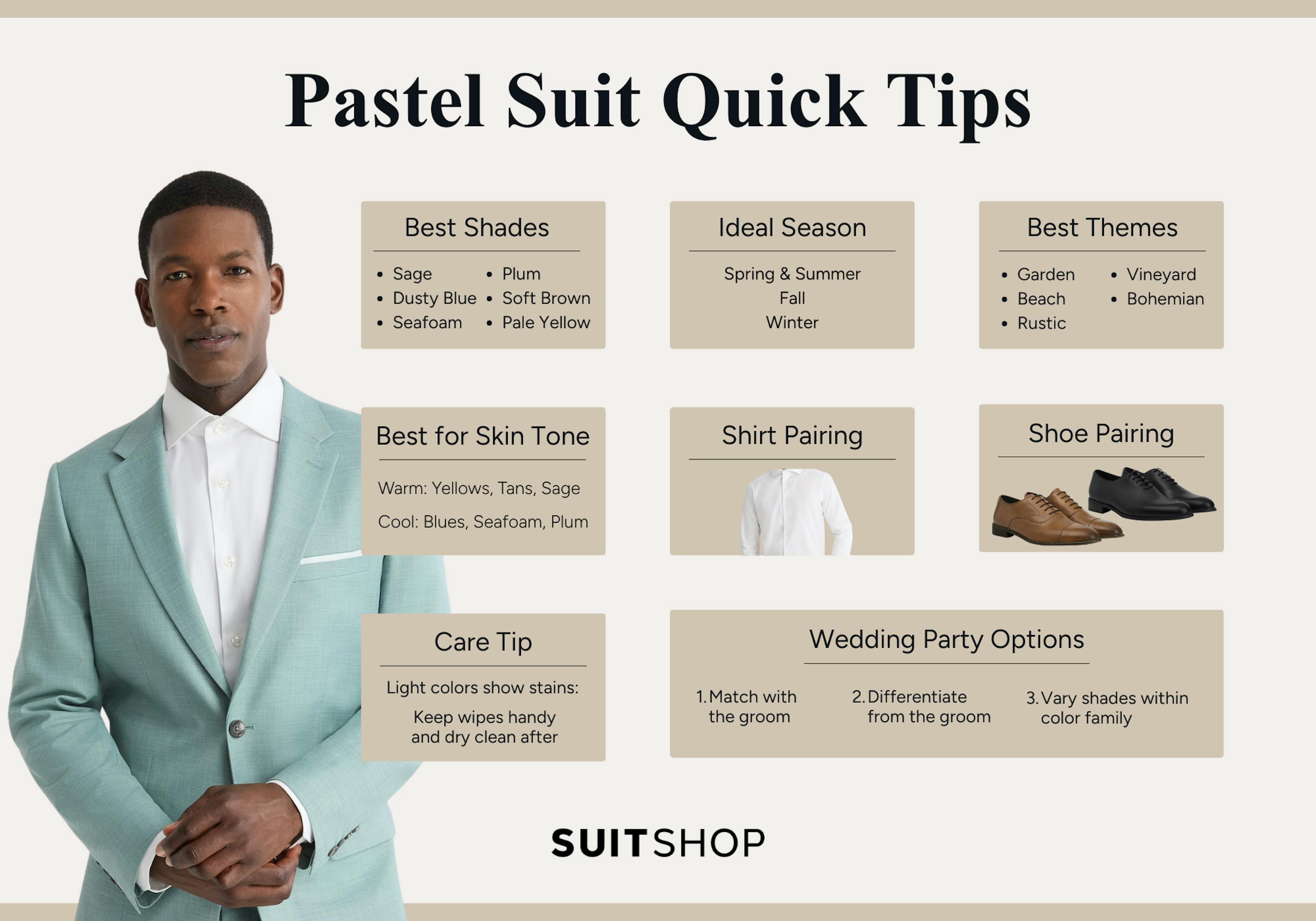 Infographic showing 8 quick tips for pastel suit owners.