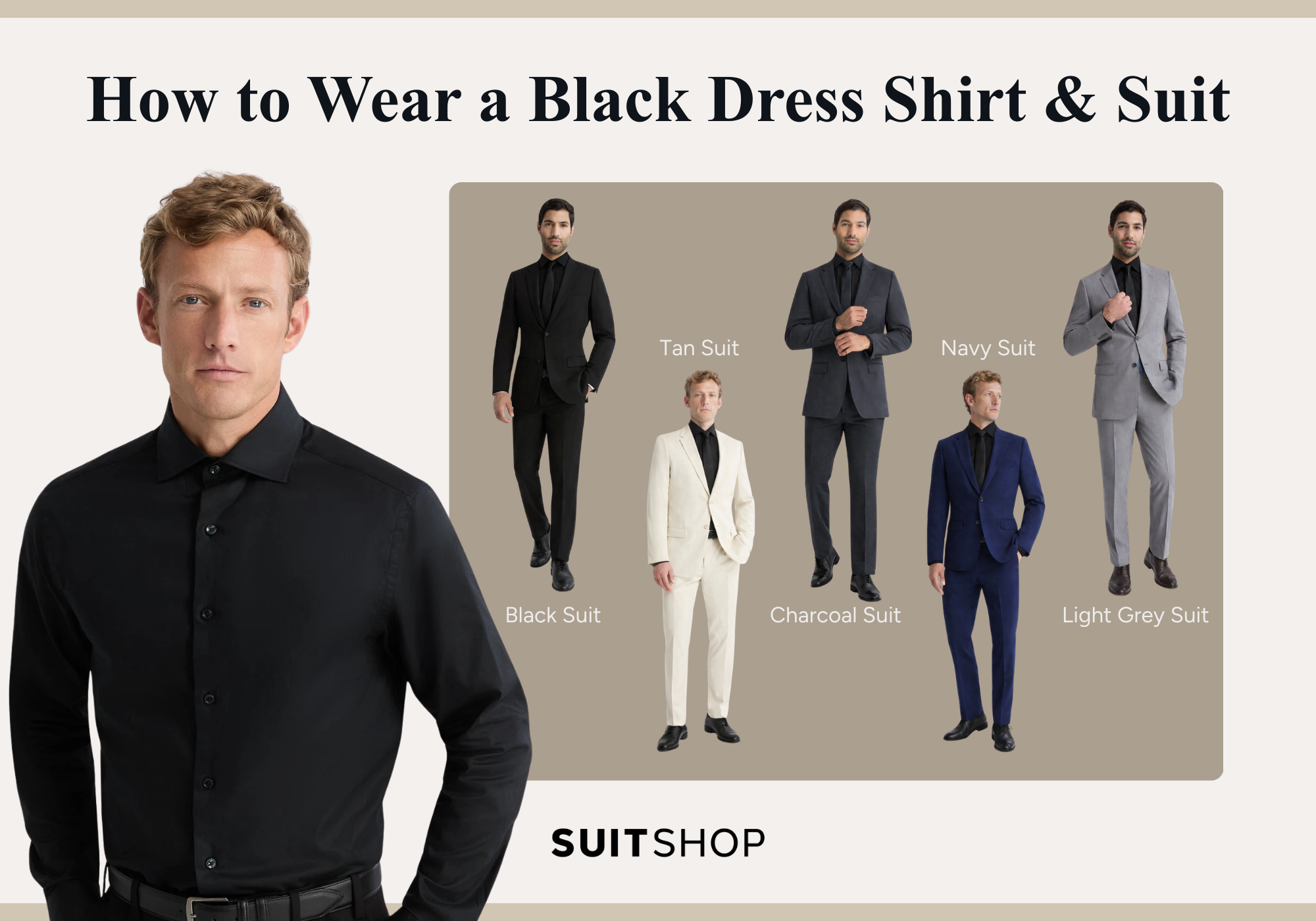 An infographic showing how to wear a black dress shirt with a suit: it shows the five best suit colors to pair one with.