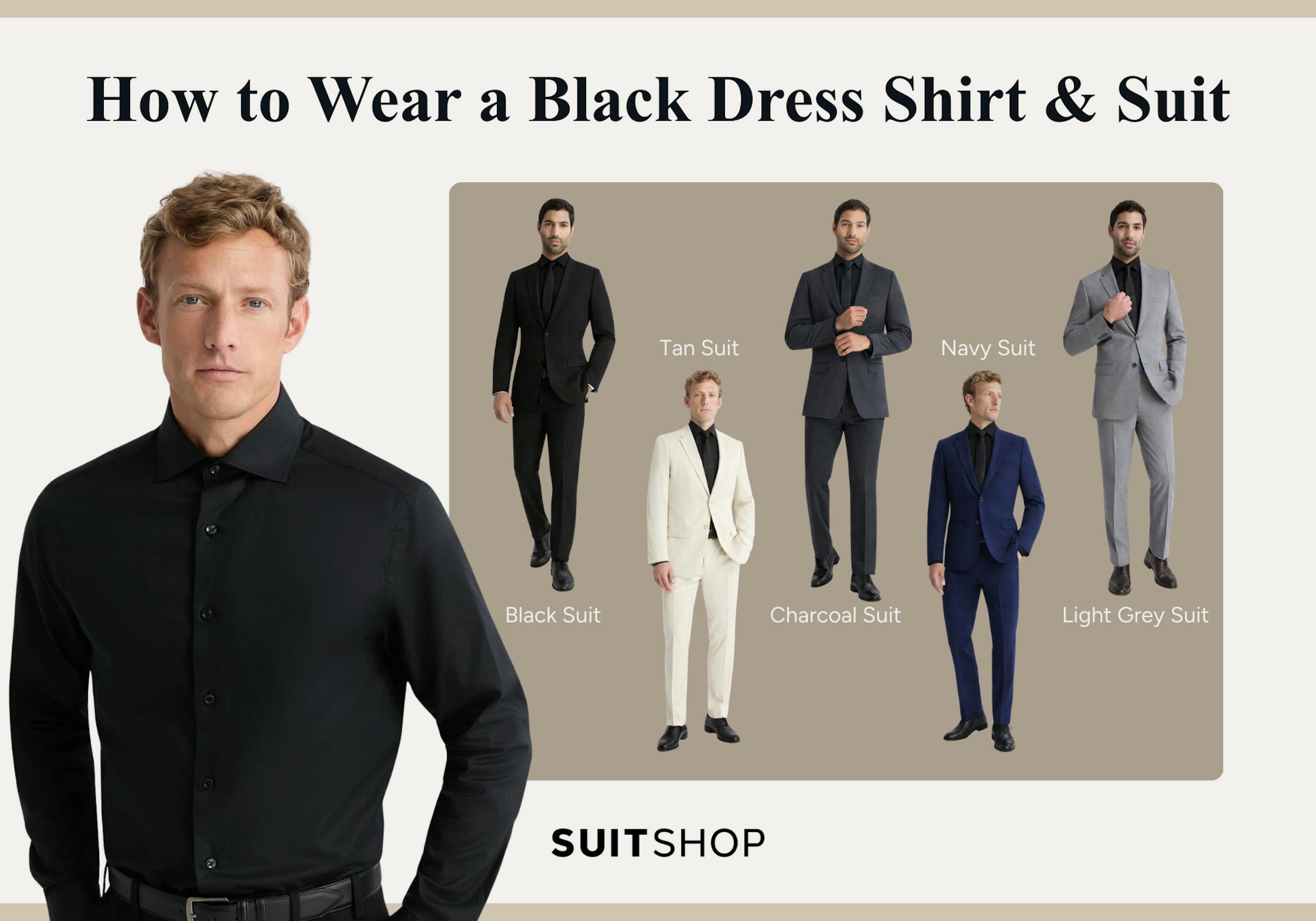 An infographic showing how to wear a black dress shirt with a suit: it shows the five best suit colors to pair one with.