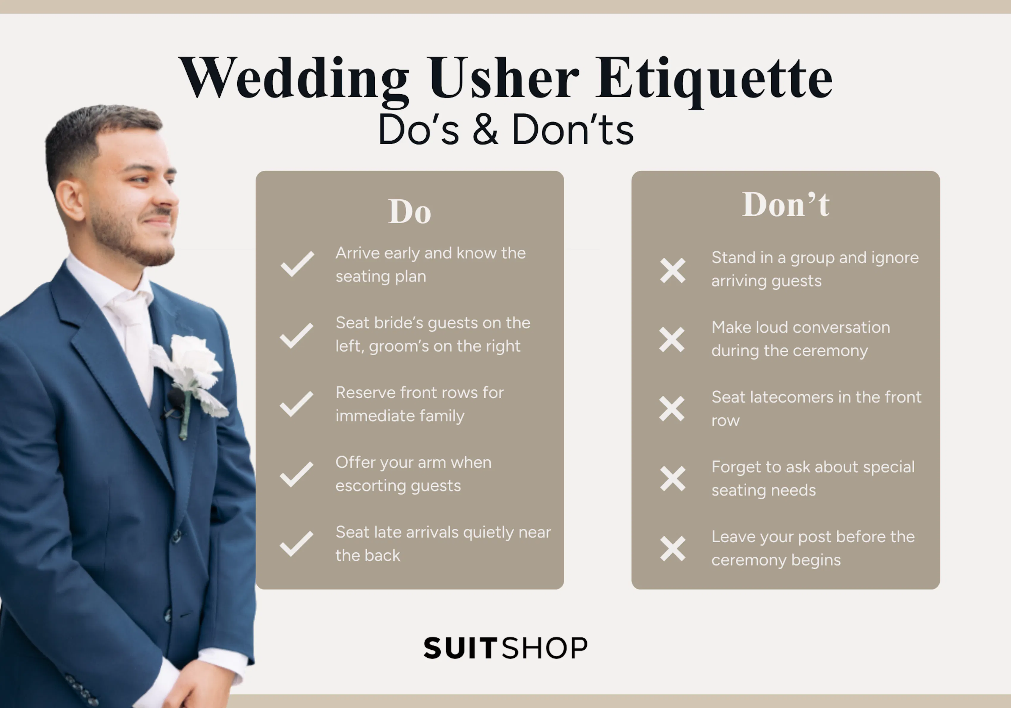 Infographic showing the do's and don'ts for wedding ushers on duty.