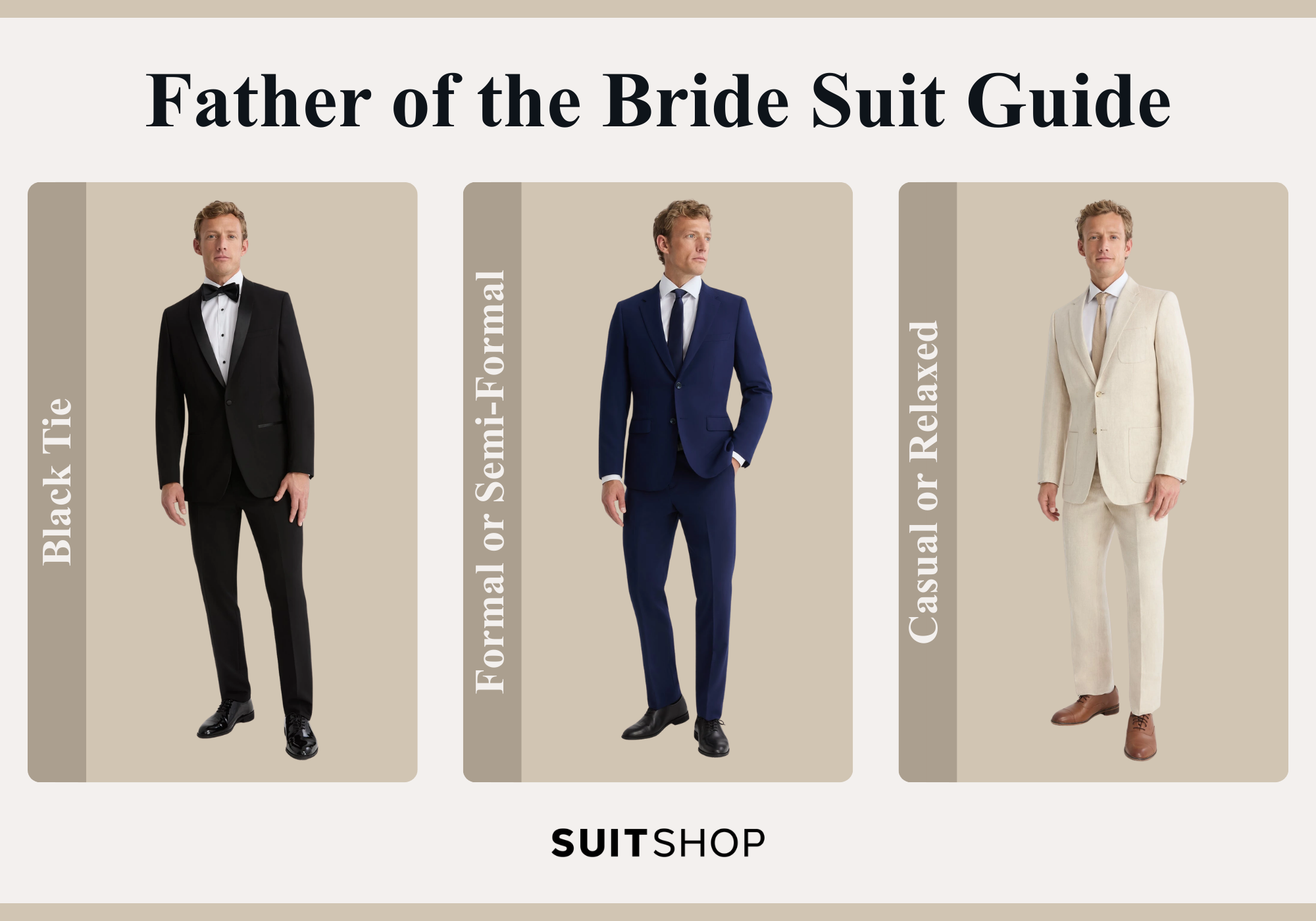 An infographic showing what's appropriate to wear for the father of the bride based on three different dress codes: black tie, formal, and casual.
