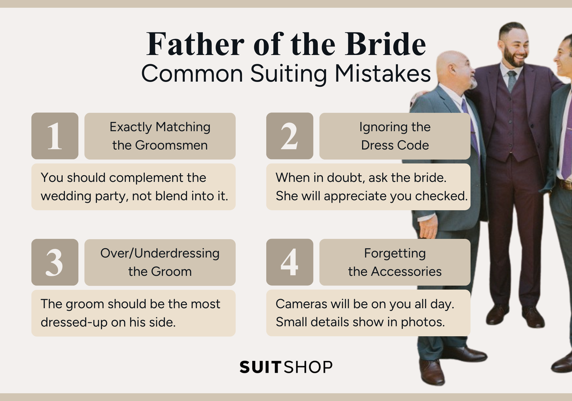 An infographic showing the top four common mistakes father of the brides make when picking a suit to wear for the big day.