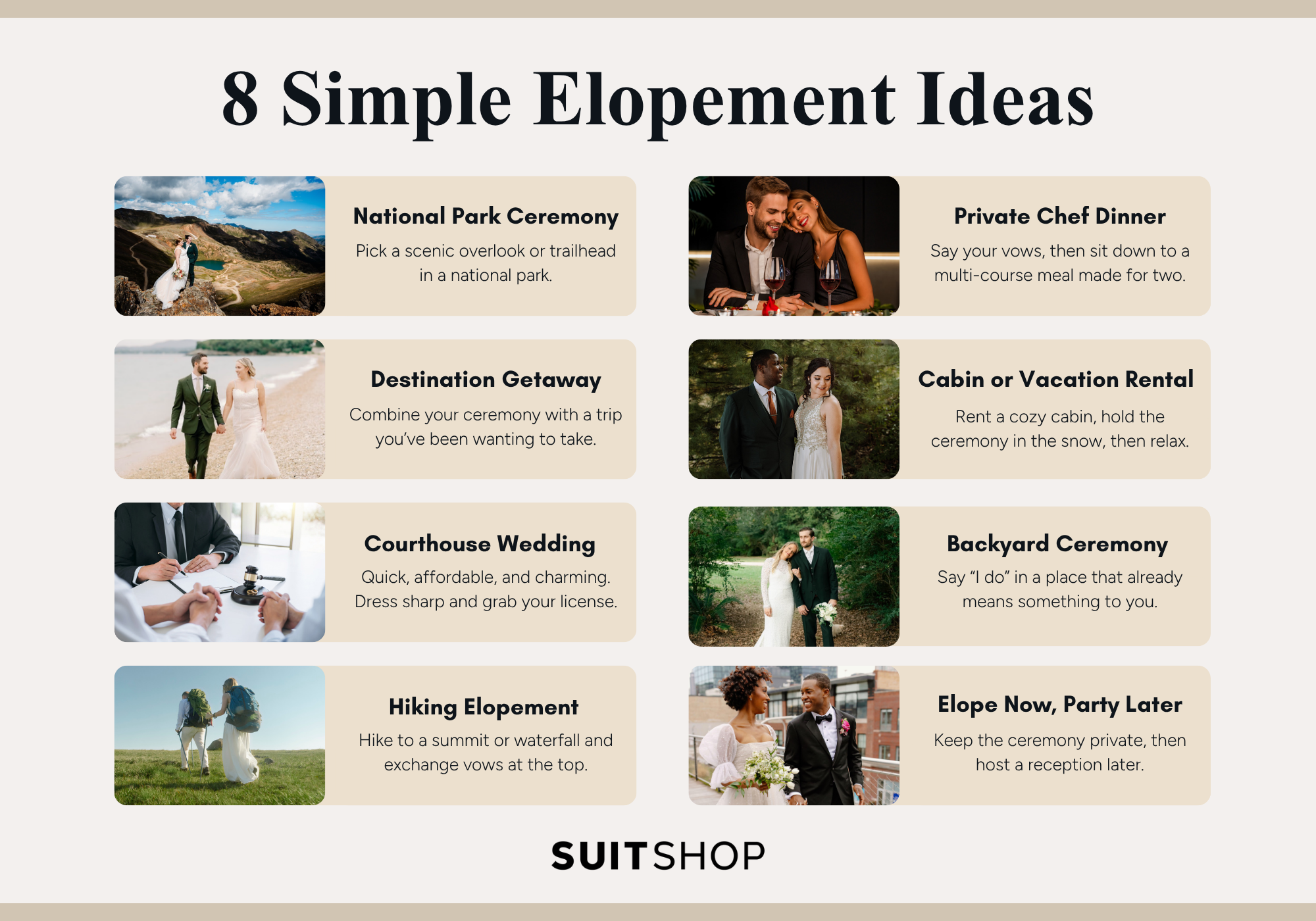 Infographic showing the top 8 elopement ideas for couples looking for a private ceremony.