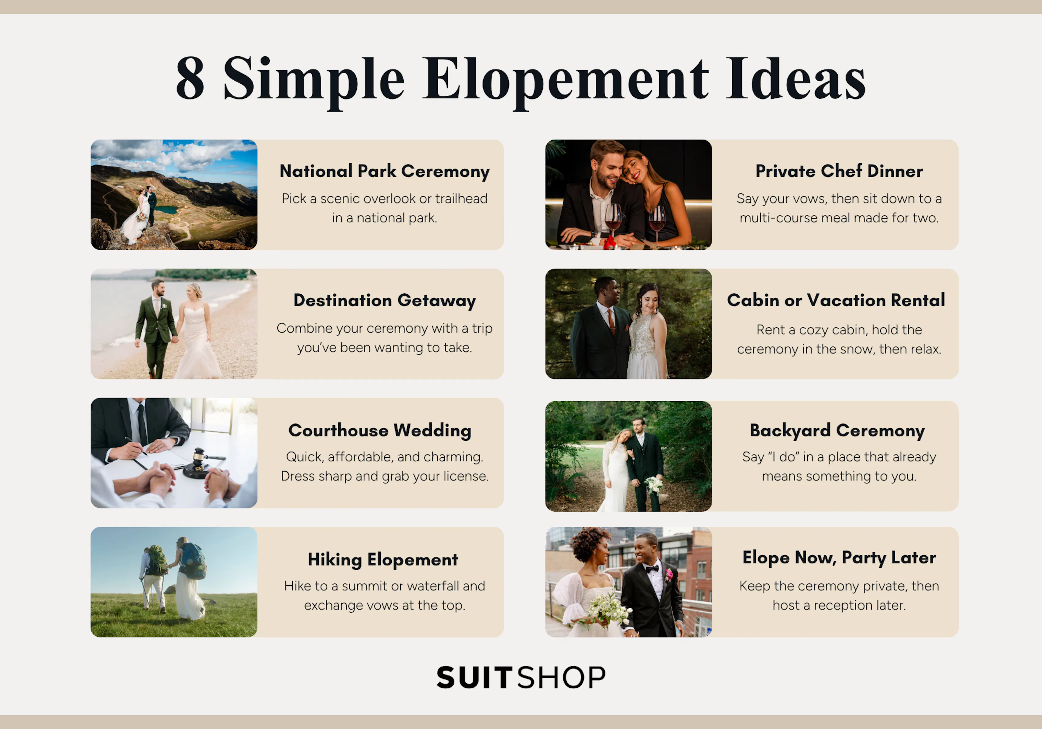 Infographic showing the top 8 elopement ideas for couples looking for a private ceremony.