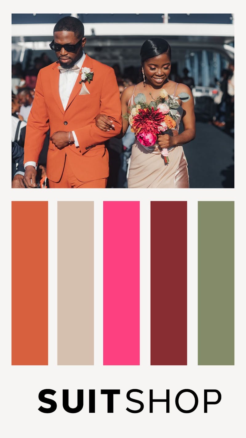 Burnt orange 2023 color palette with sand, Barbie pink, dark magenta or burgundy, and sage green.