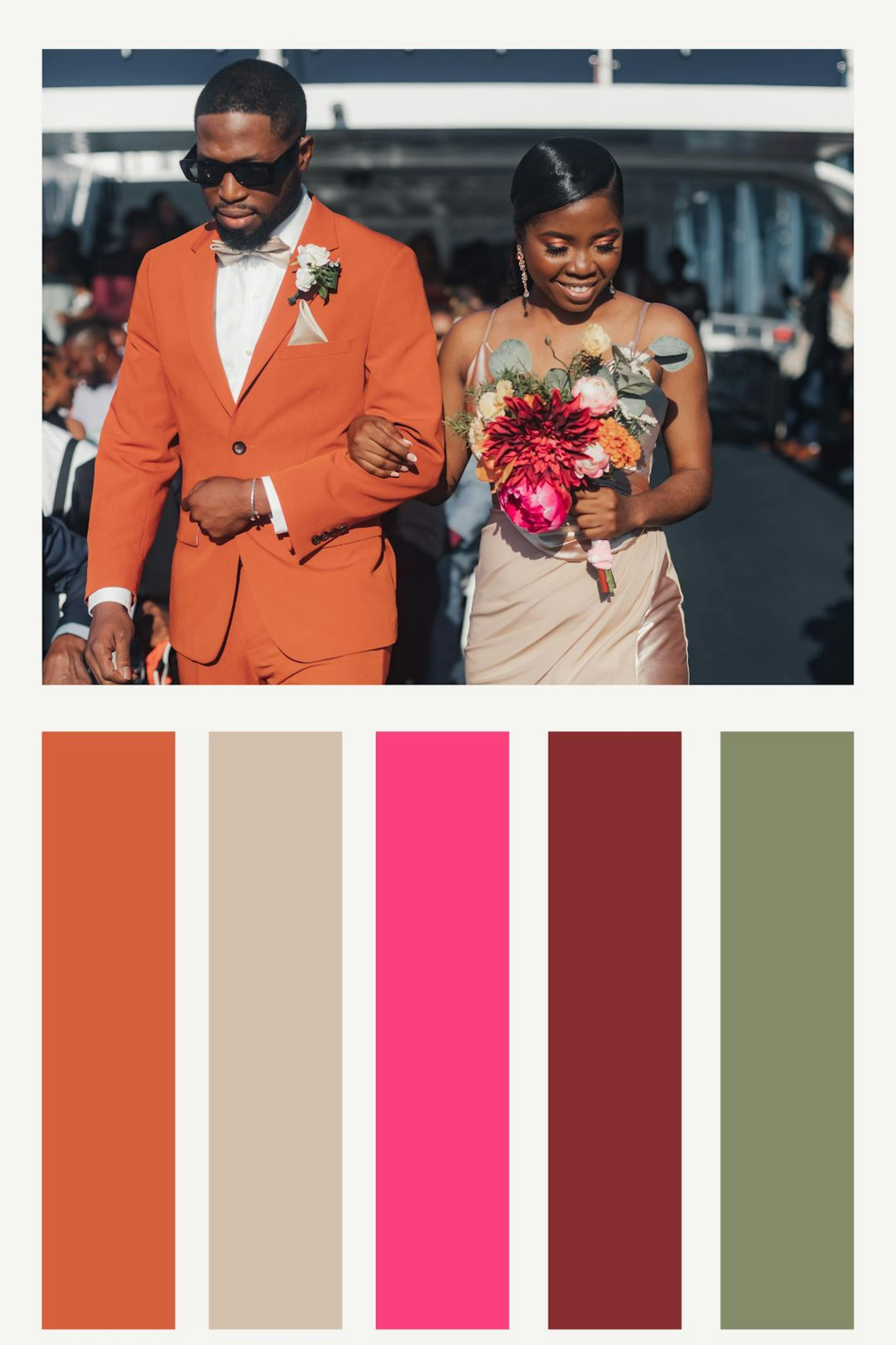 Burnt orange 2023 color palette with sand, Barbie pink, dark magenta or burgundy, and sage green.