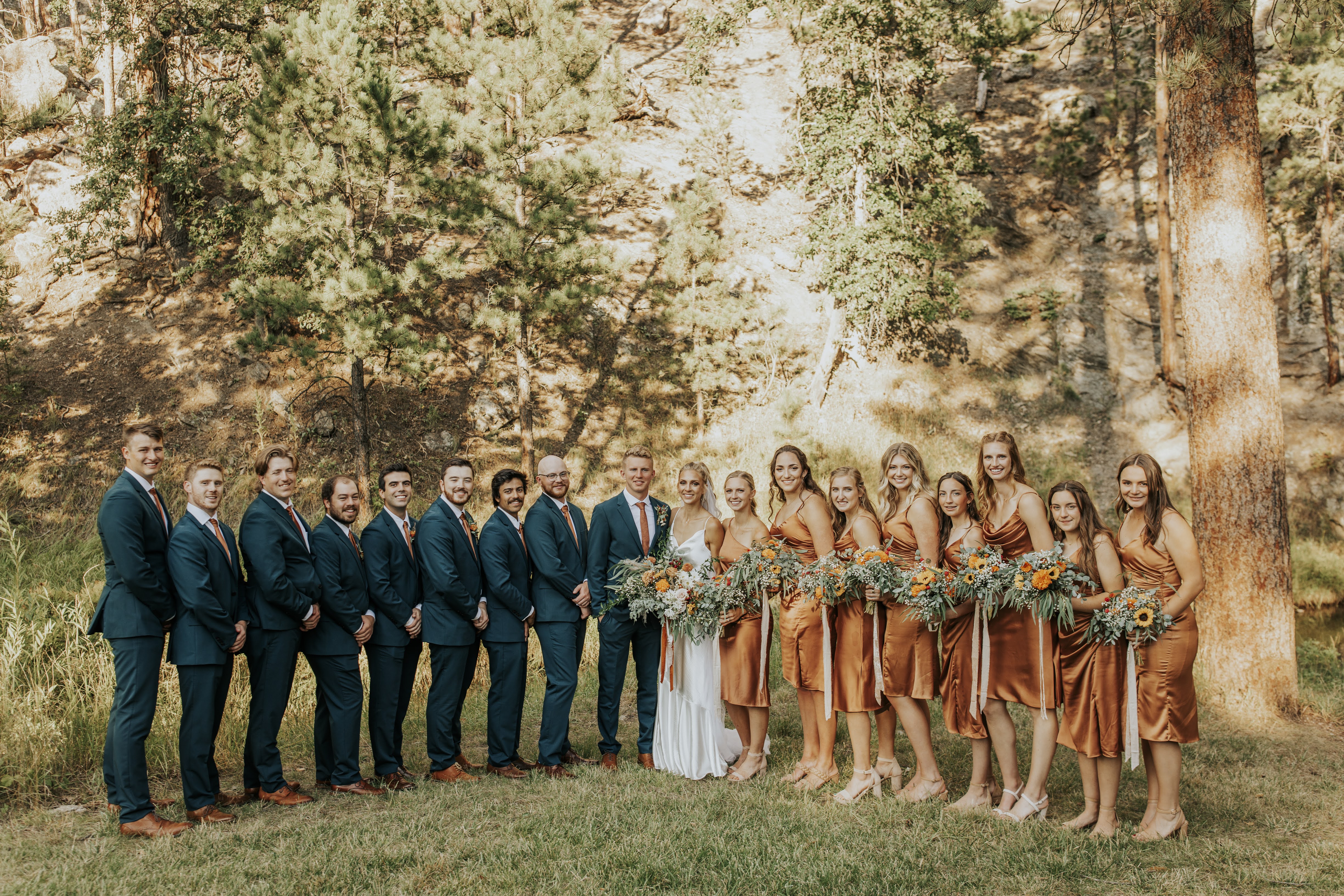 Teal and 2024 copper bridesmaid dresses