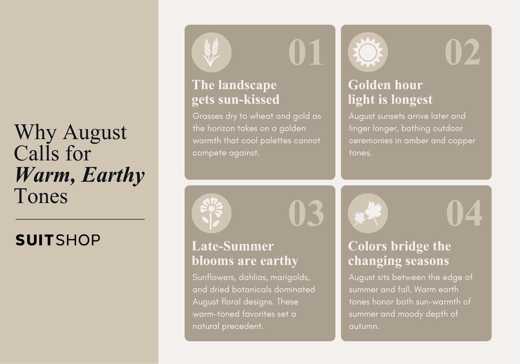 Infographic showing 4 main reasons why august calls for warm, earthy tones for wedding colors.