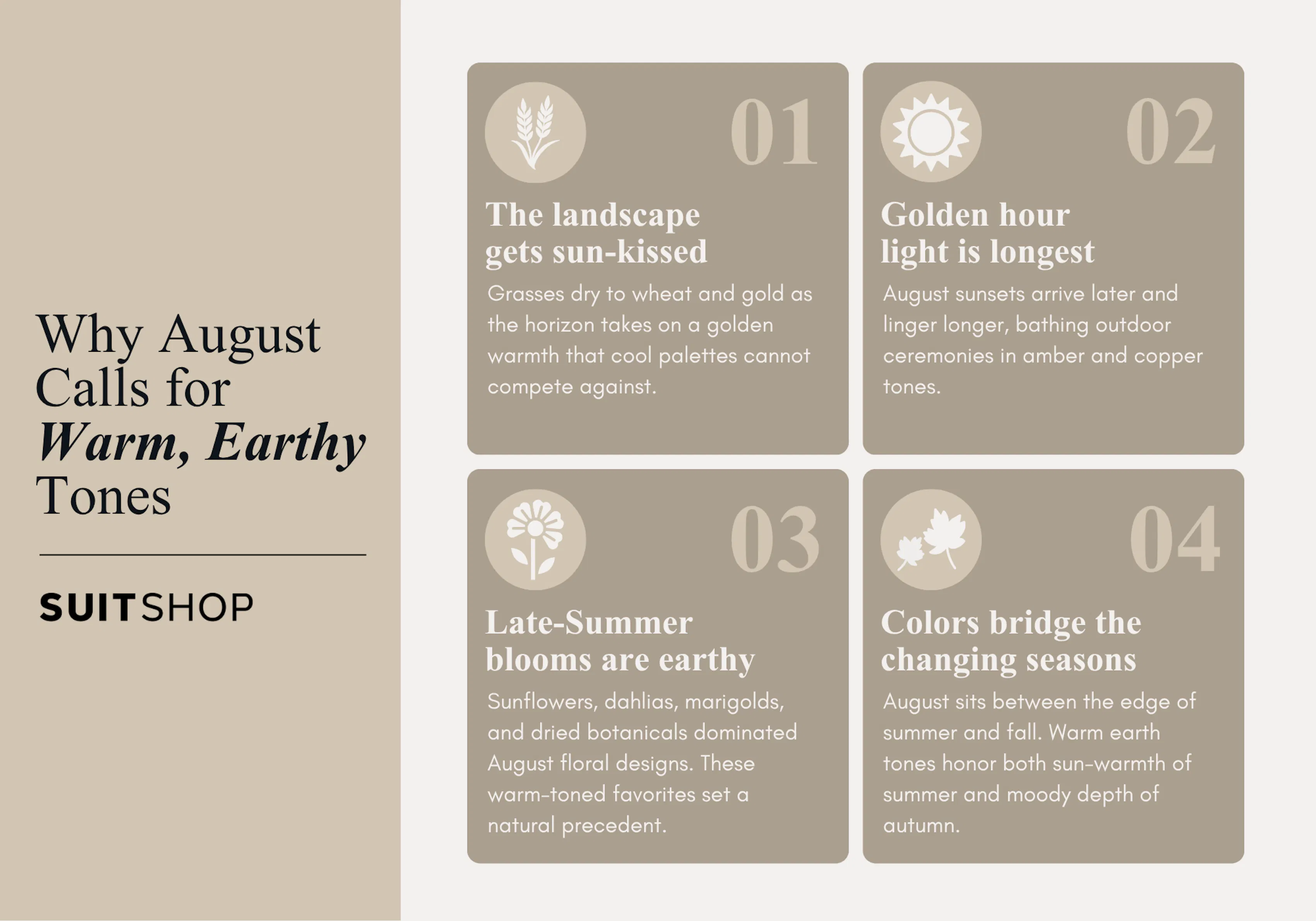 Infographic showing 4 main reasons why august calls for warm, earthy tones for wedding colors.