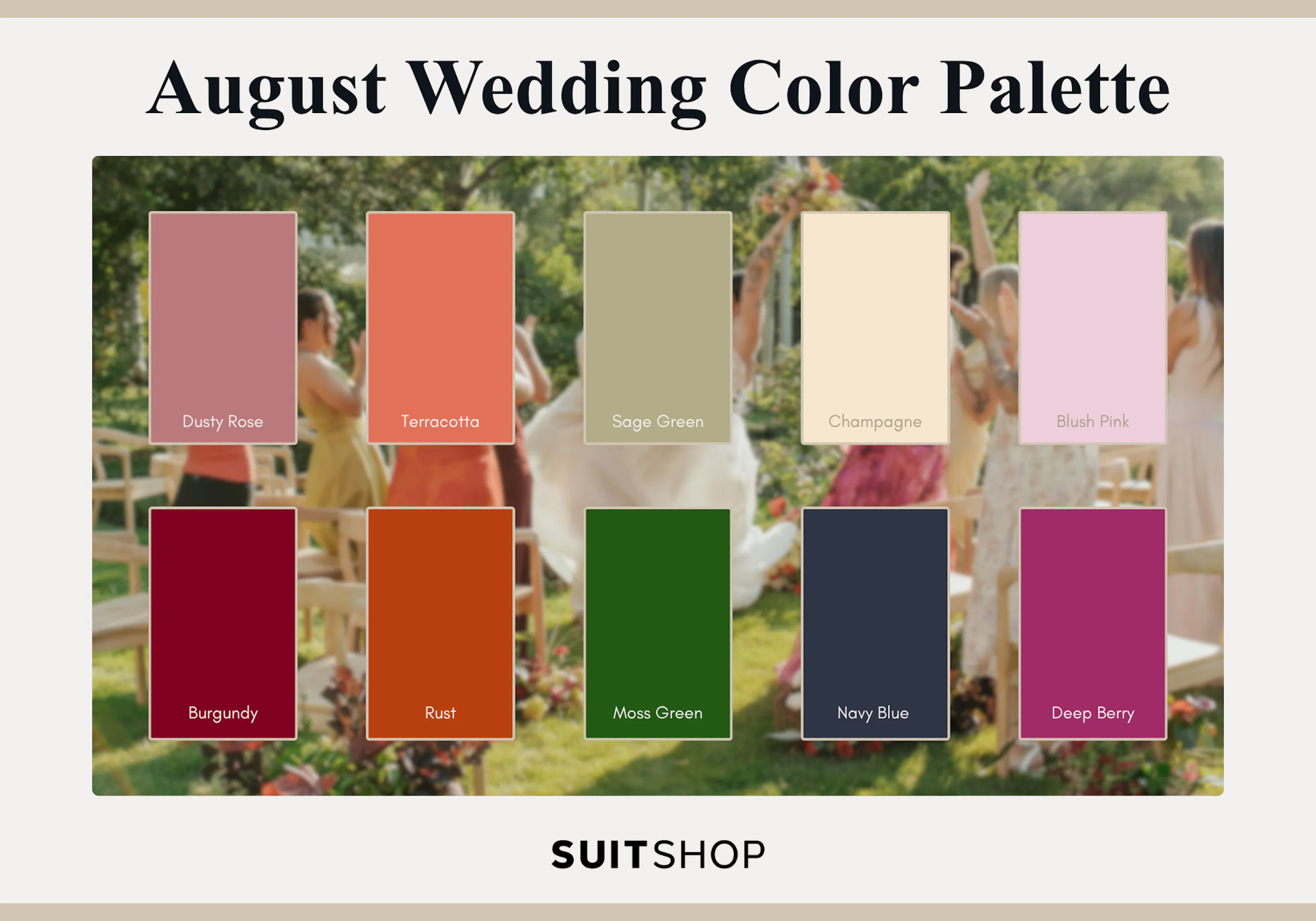 Infographic showing 10 different colors that fall in the august wedding color palette.