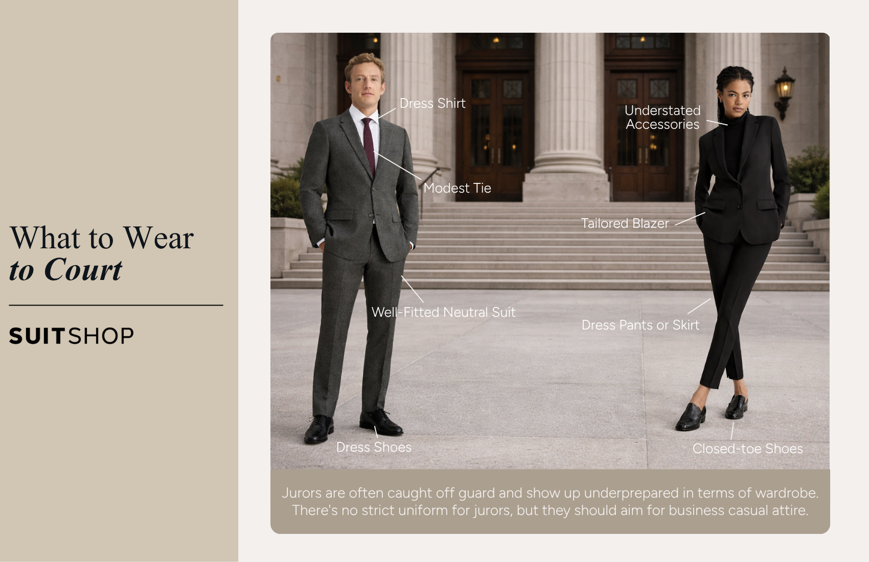 Infographic showing a man and women dressed in suits. There are callouts pointing to specific parts of their outfits that make them suitable to wear to court.