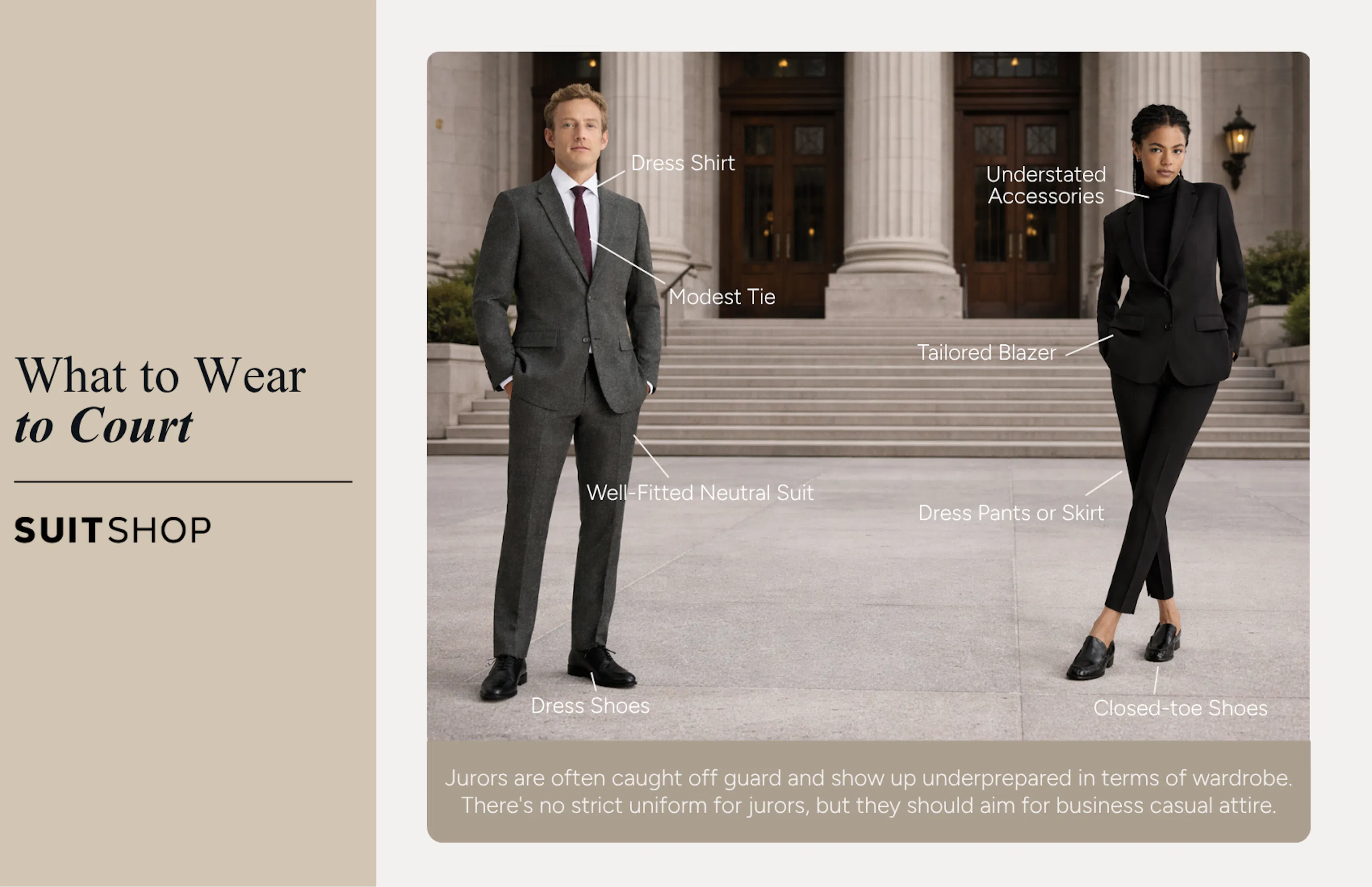 Infographic showing a man and women dressed in suits. There are callouts pointing to specific parts of their outfits that make them suitable to wear to court.