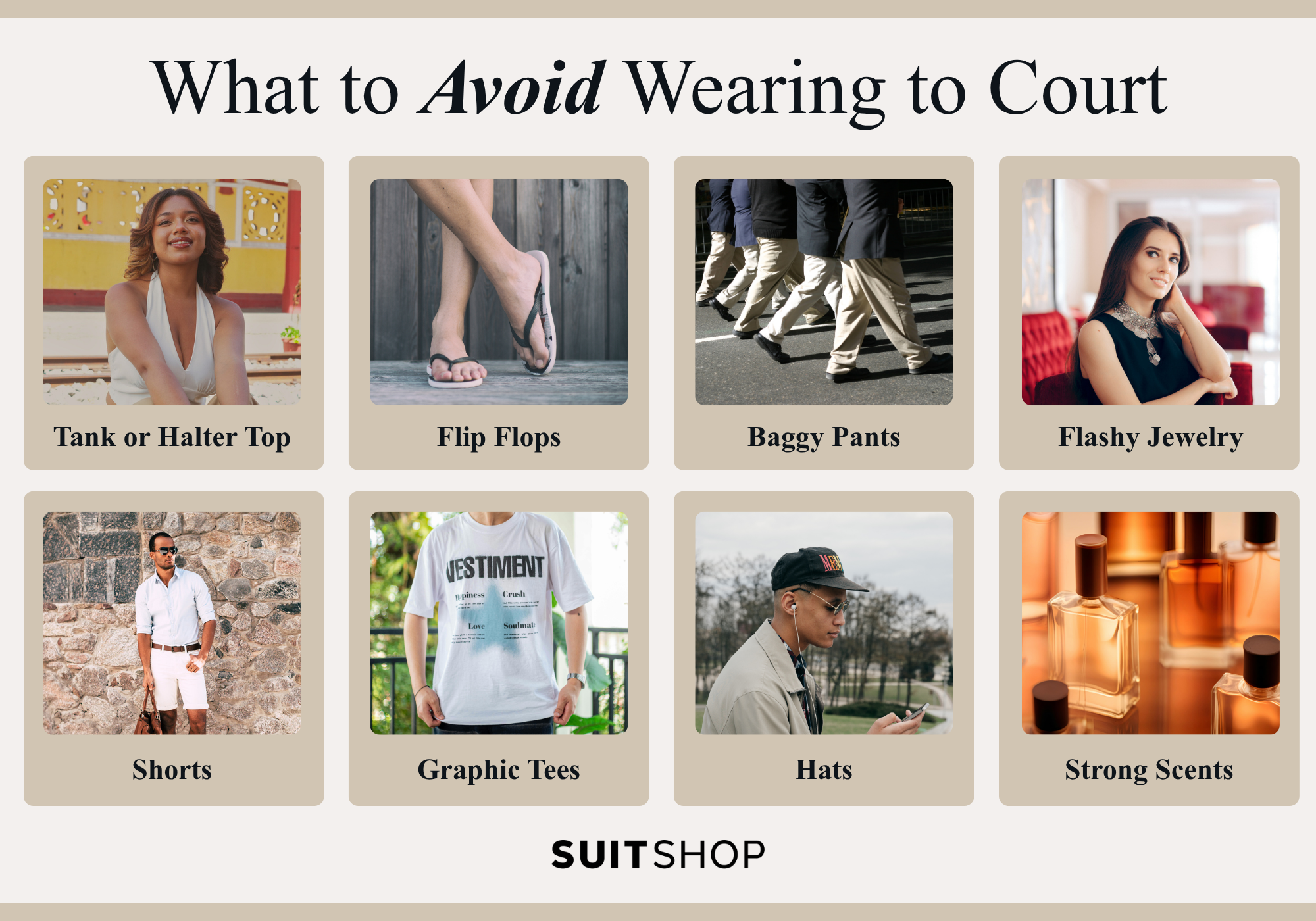 Infographic showing the 8 things anyone should avoid wearing to court, regardless of role.