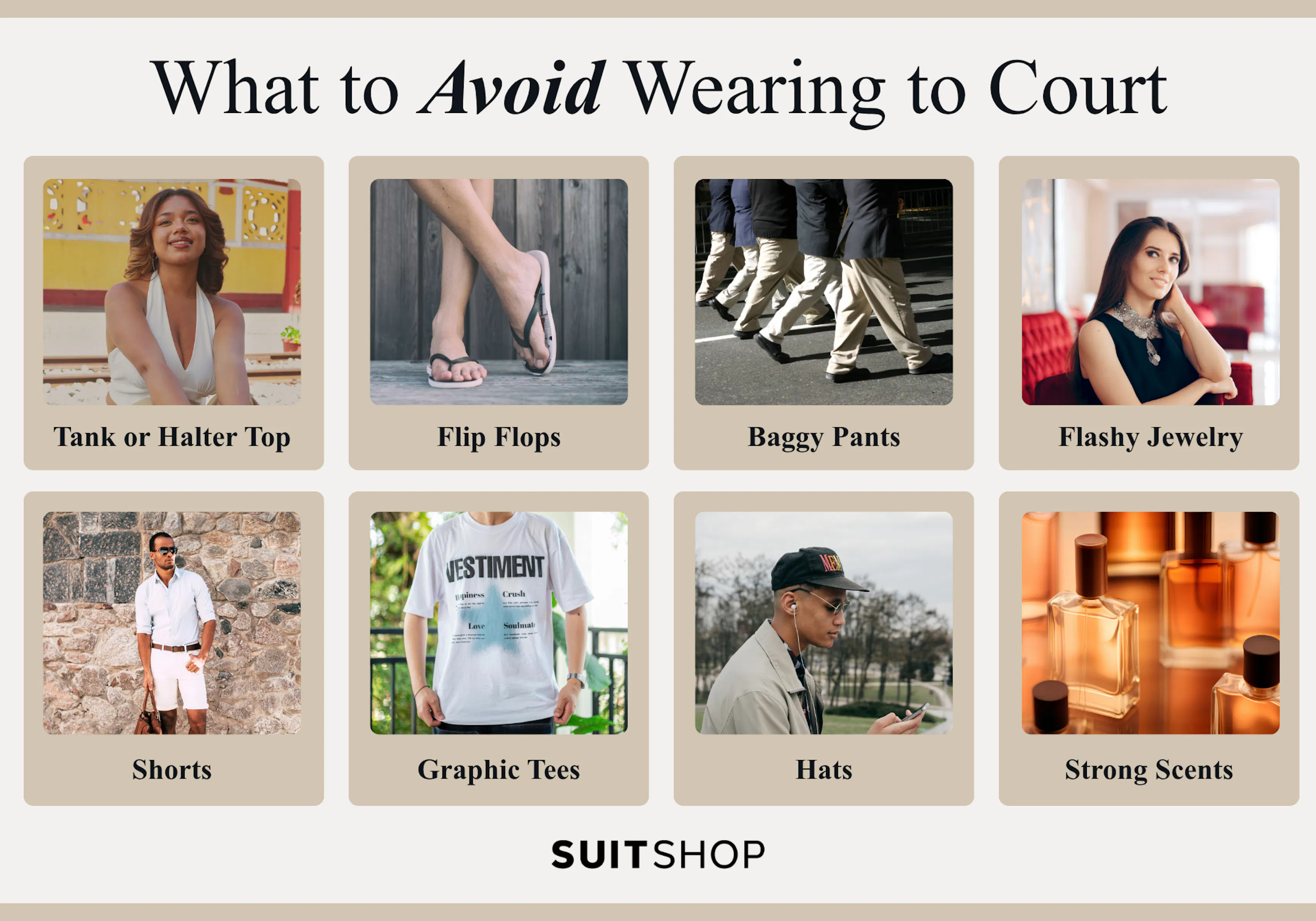 Infographic showing the 8 things anyone should avoid wearing to court, regardless of role.