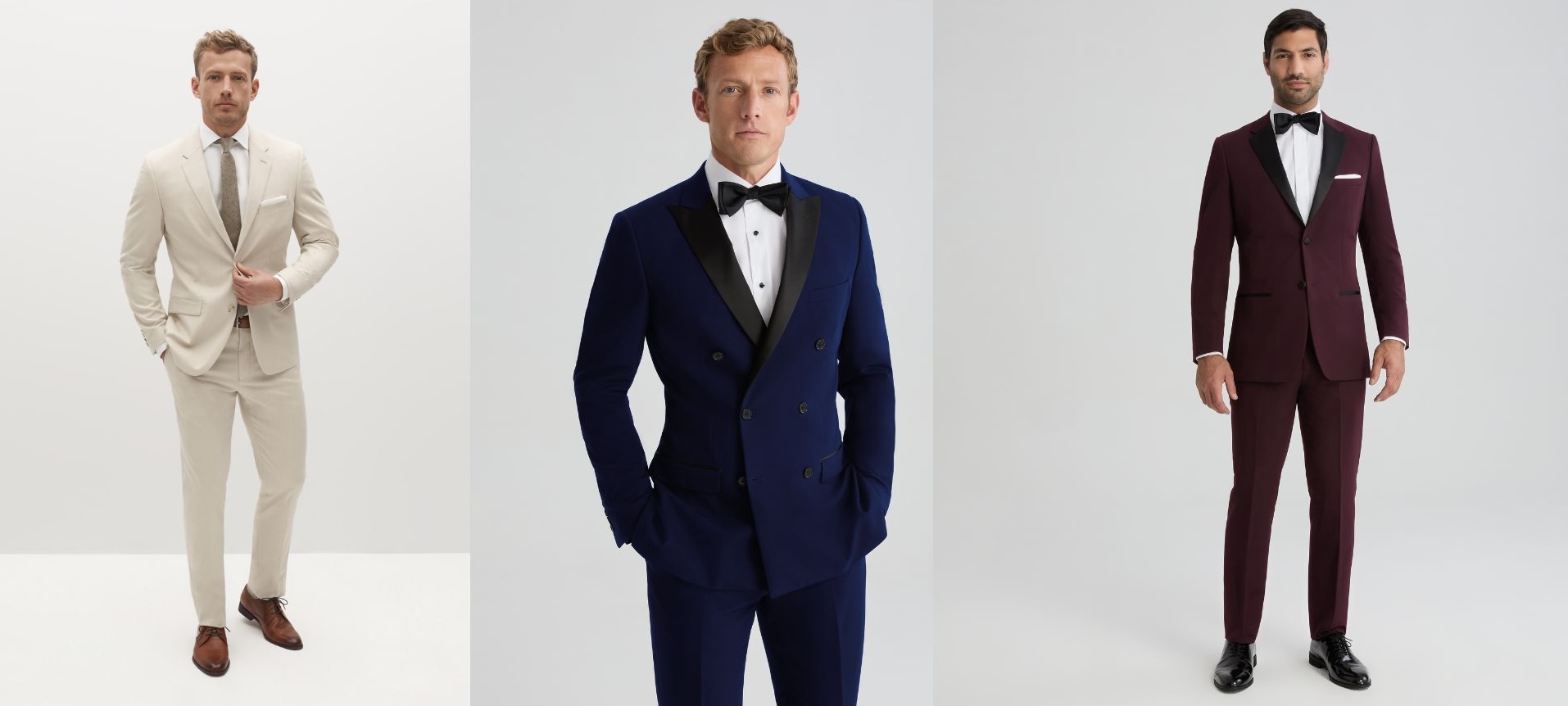 Men wearing red carpet trends of tan suits, blue tuxedos, and red suits