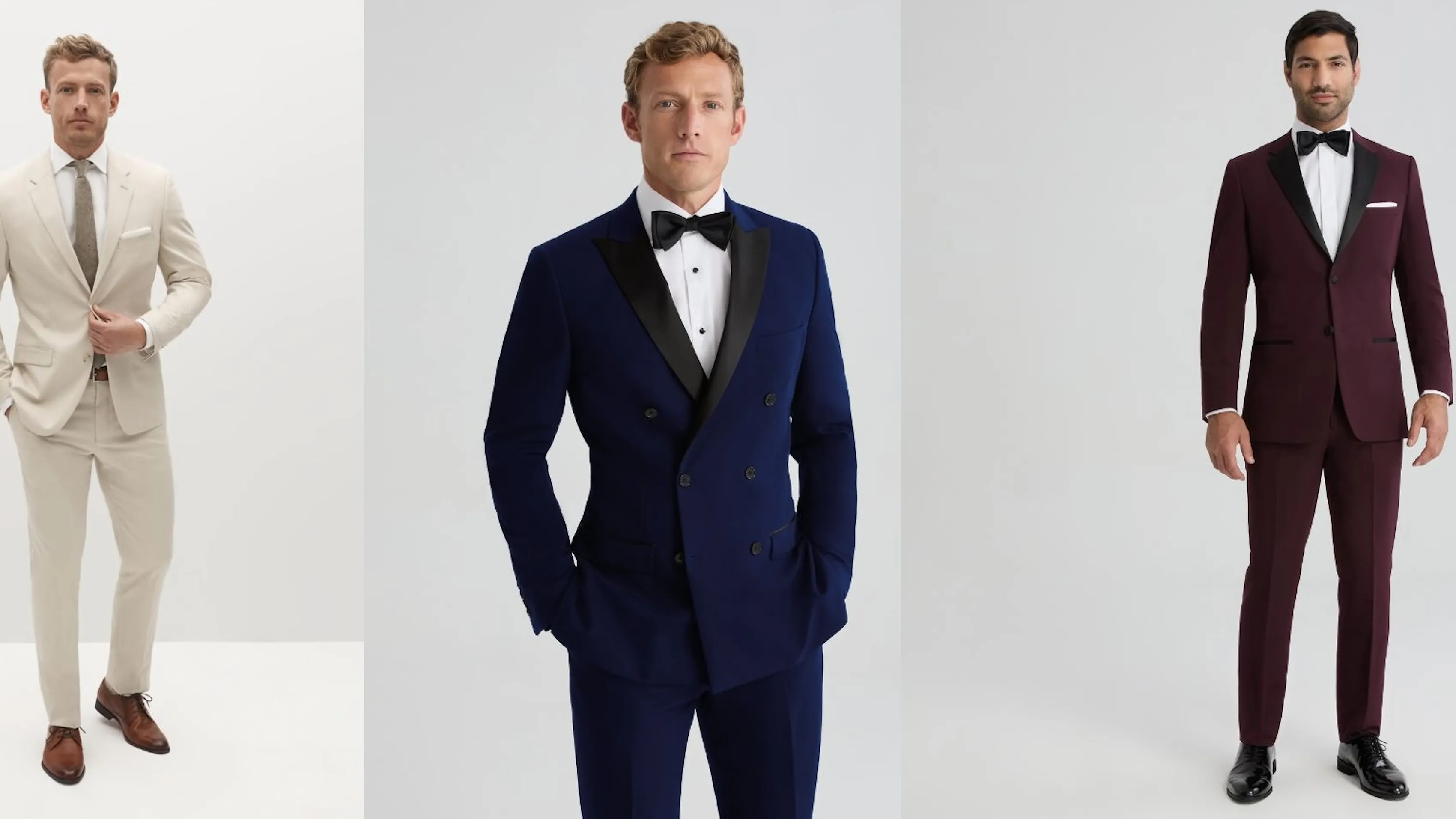 Men wearing red carpet trends of tan suits, blue tuxedos, and red suits