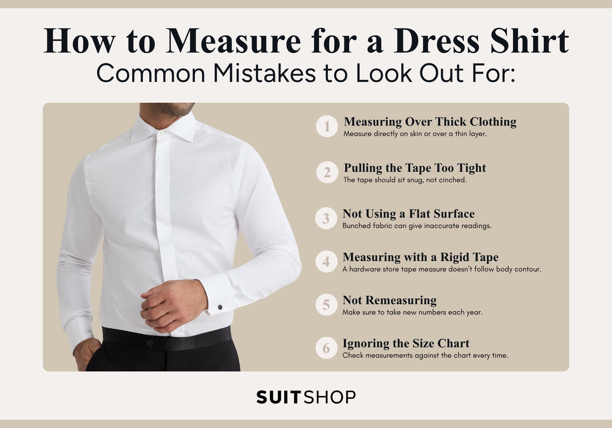 Infographic showing the 6 most common mistakes that occur when measuring for a dress shirt.