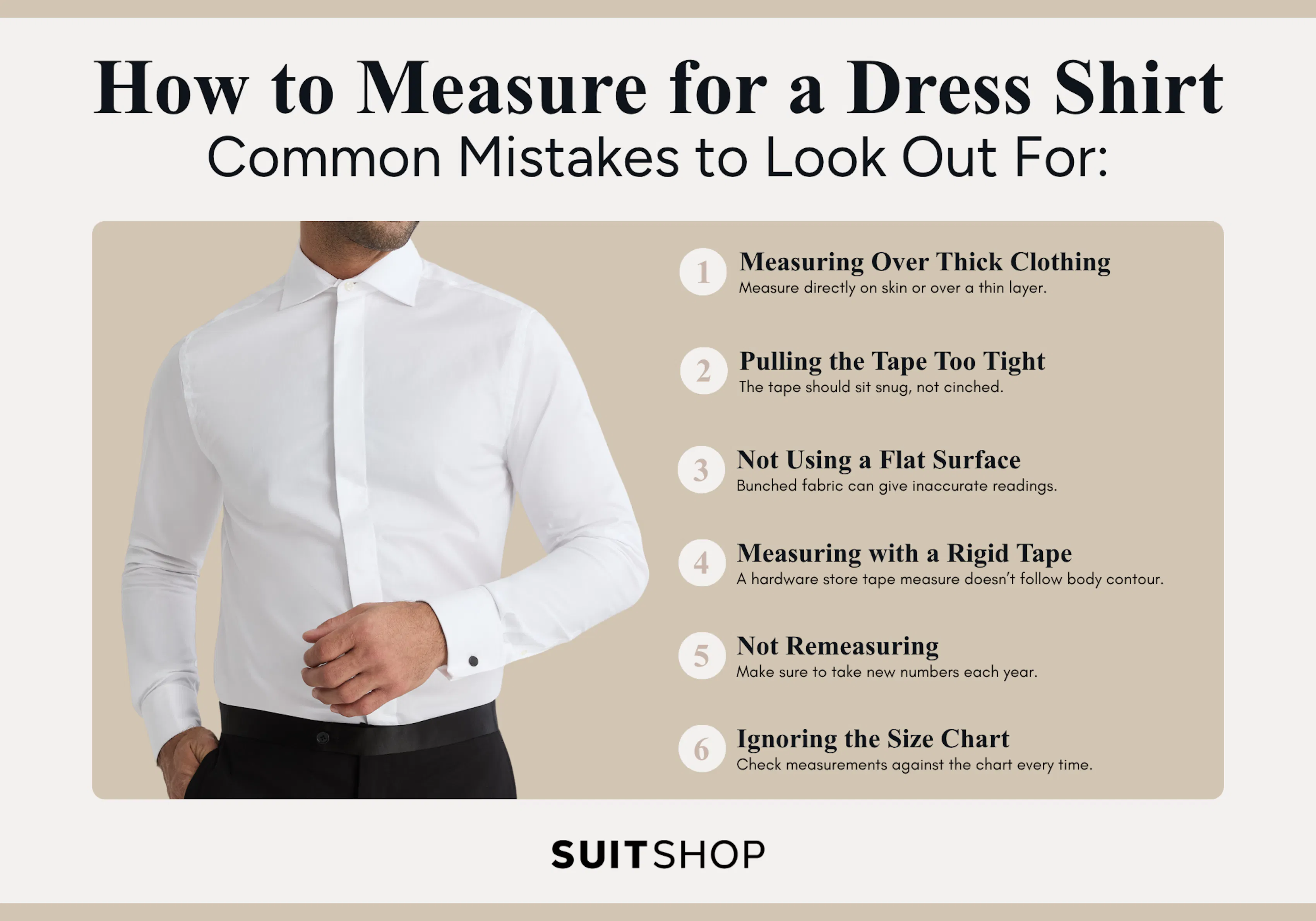 Infographic showing the 6 most common mistakes that occur when measuring for a dress shirt.