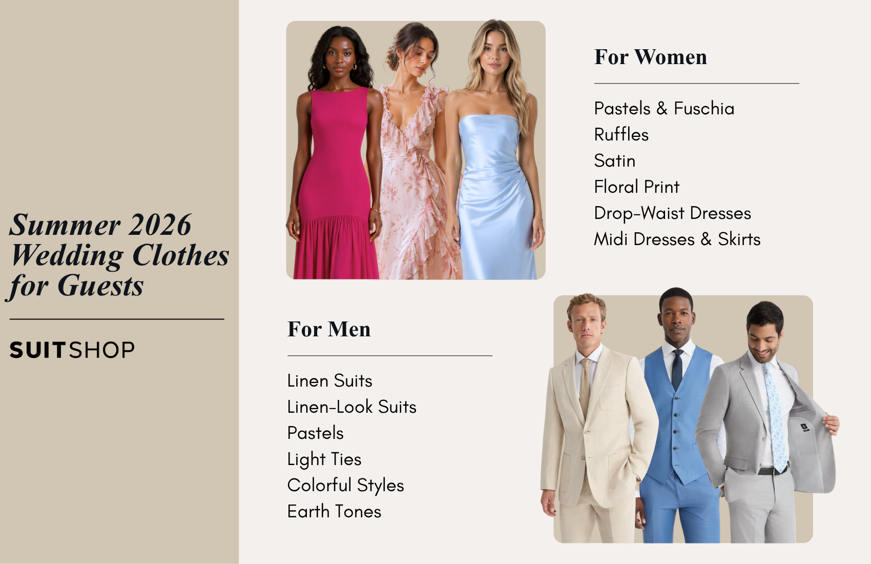 An infographic showing the 2026 trends for summer wedding clothes for guests