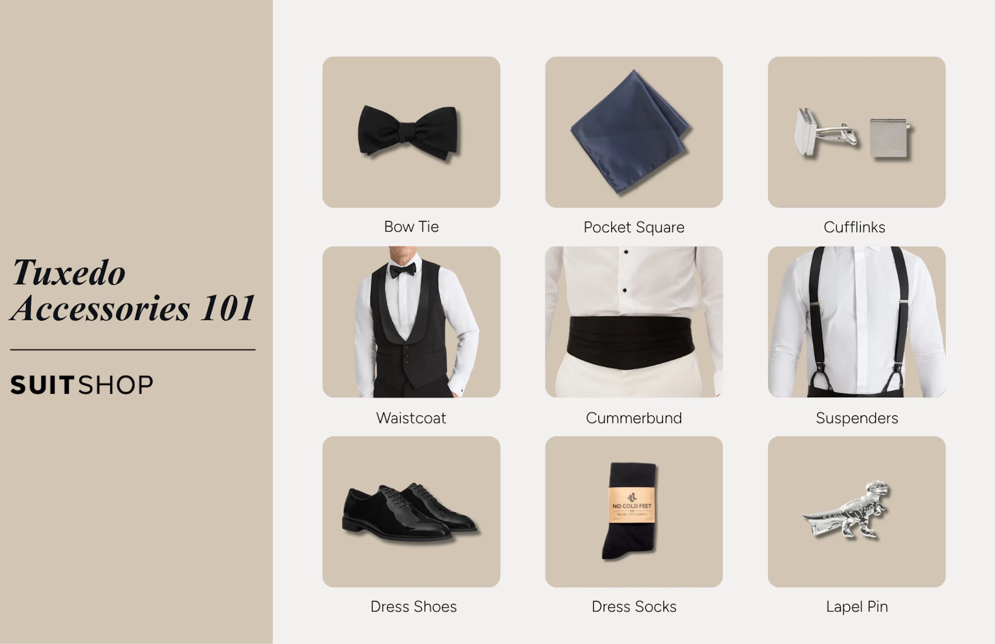Infographic showing the 9 main tuxedo accessories.