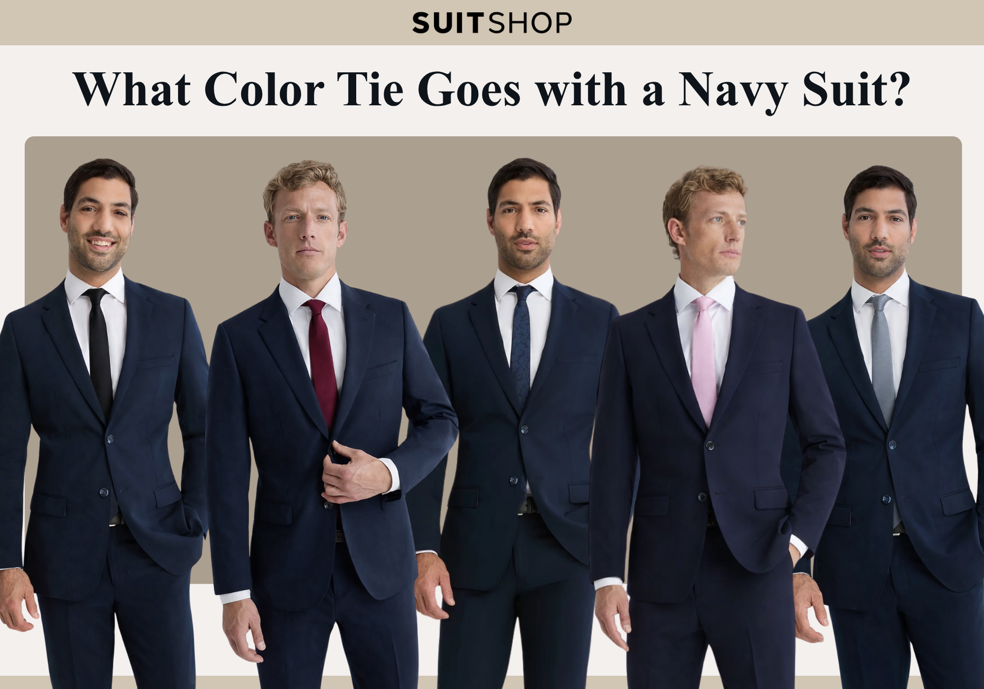 Infographic showing 5 different tie color pairings with a navy suit.