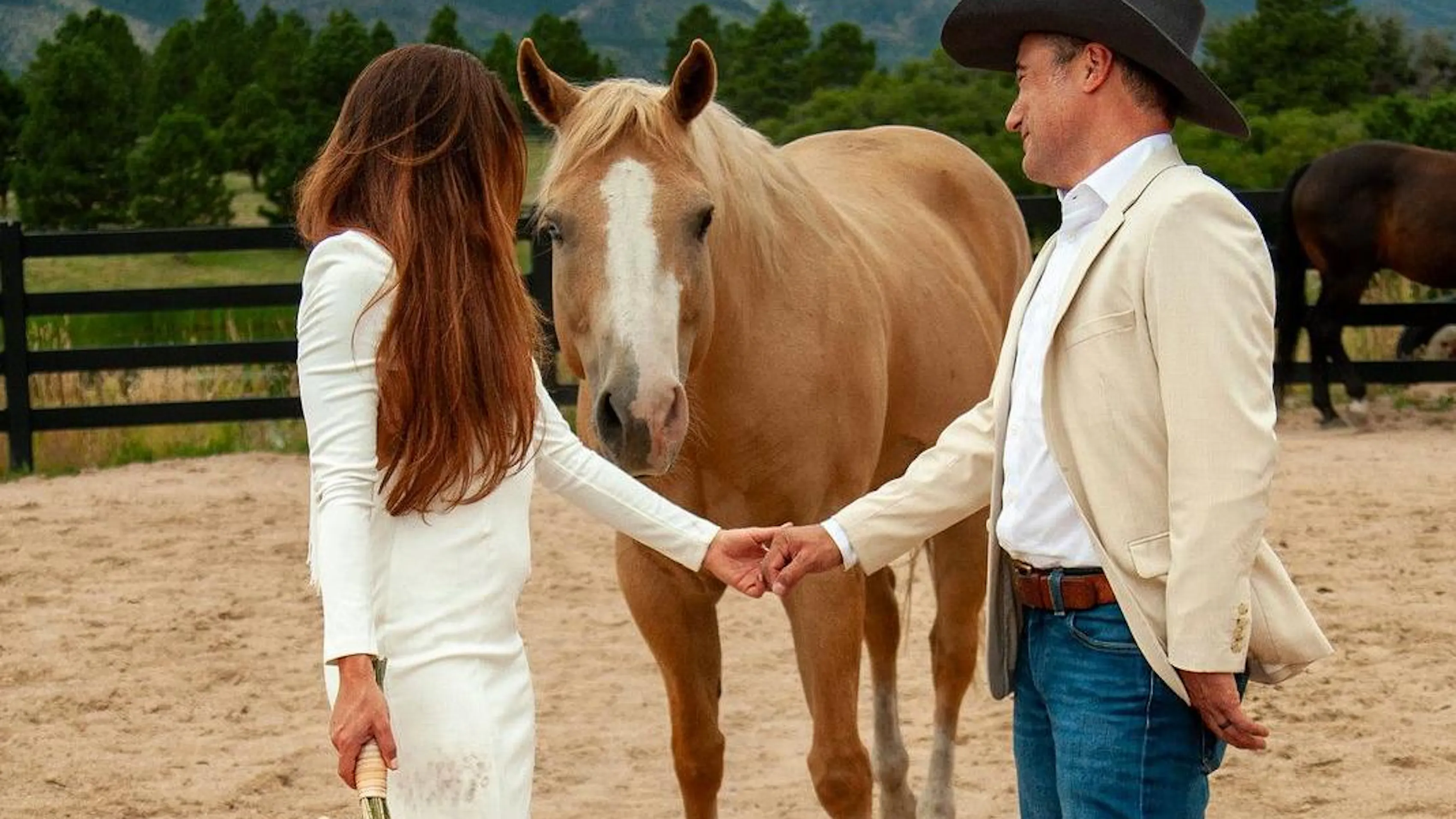 A man and woman at their wedding face eachother in front of a horse in a fenced in barn lot.
