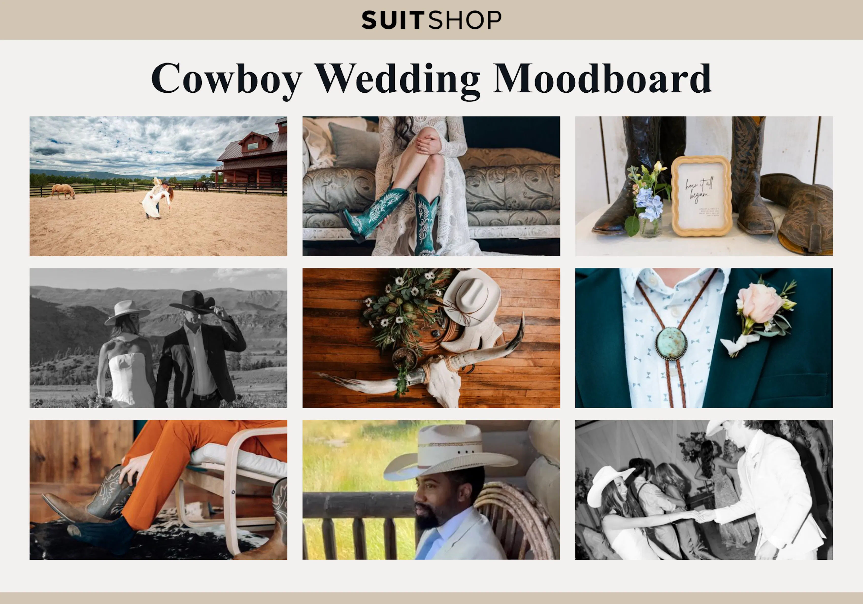 Collage of 9 images to serve as a moodboard for cowboy weddings.