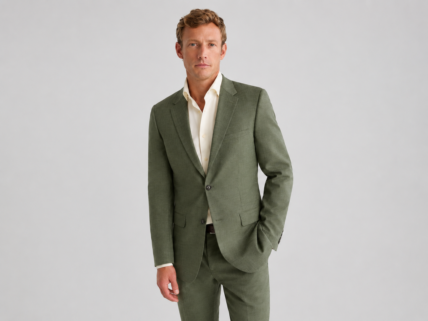 A man in an olive suit and ivory dress shirt stands in front of a blank background with his hand in his pocket.