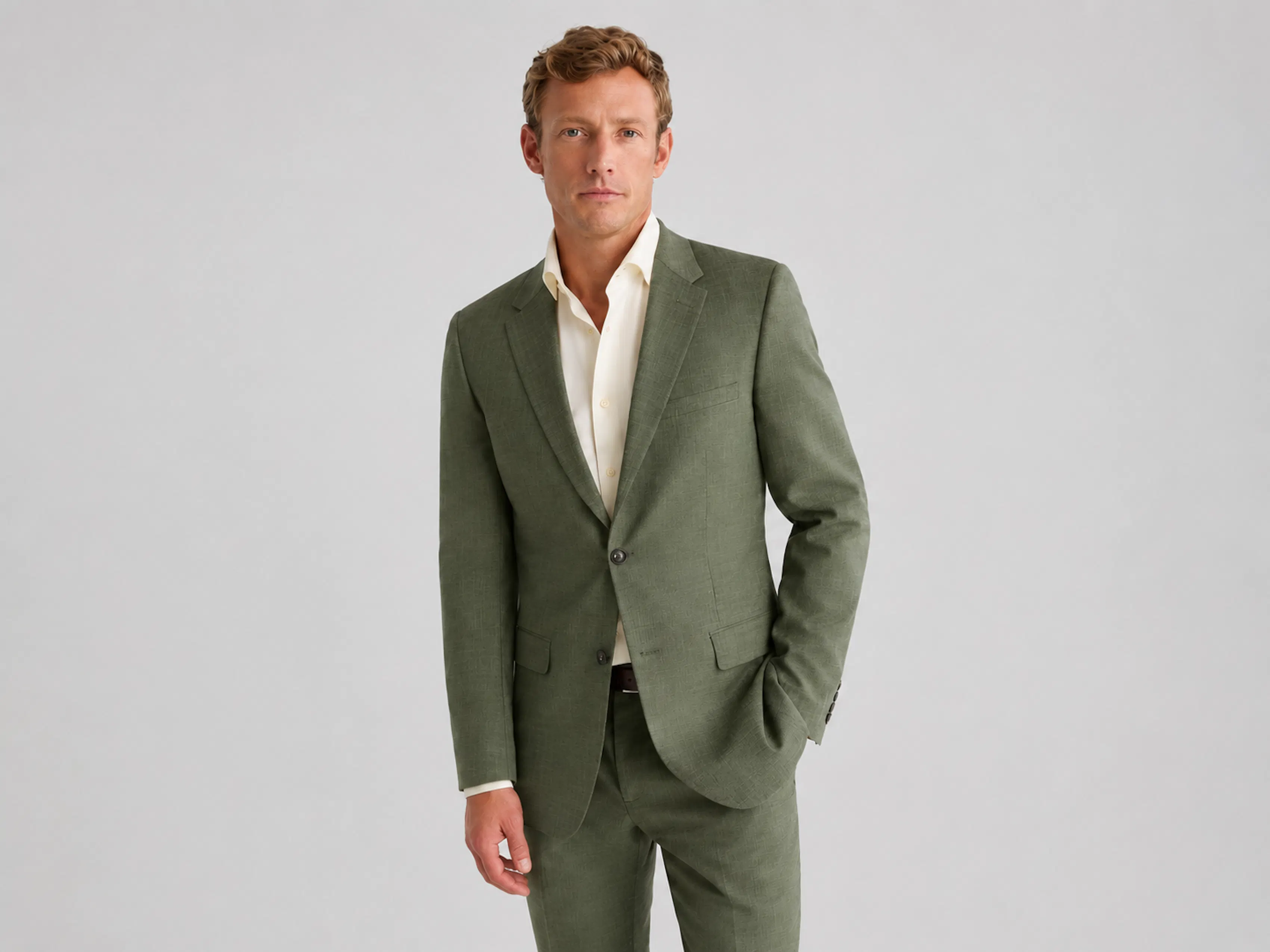 A man in an olive suit and ivory dress shirt stands in front of a blank background with his hand in his pocket.