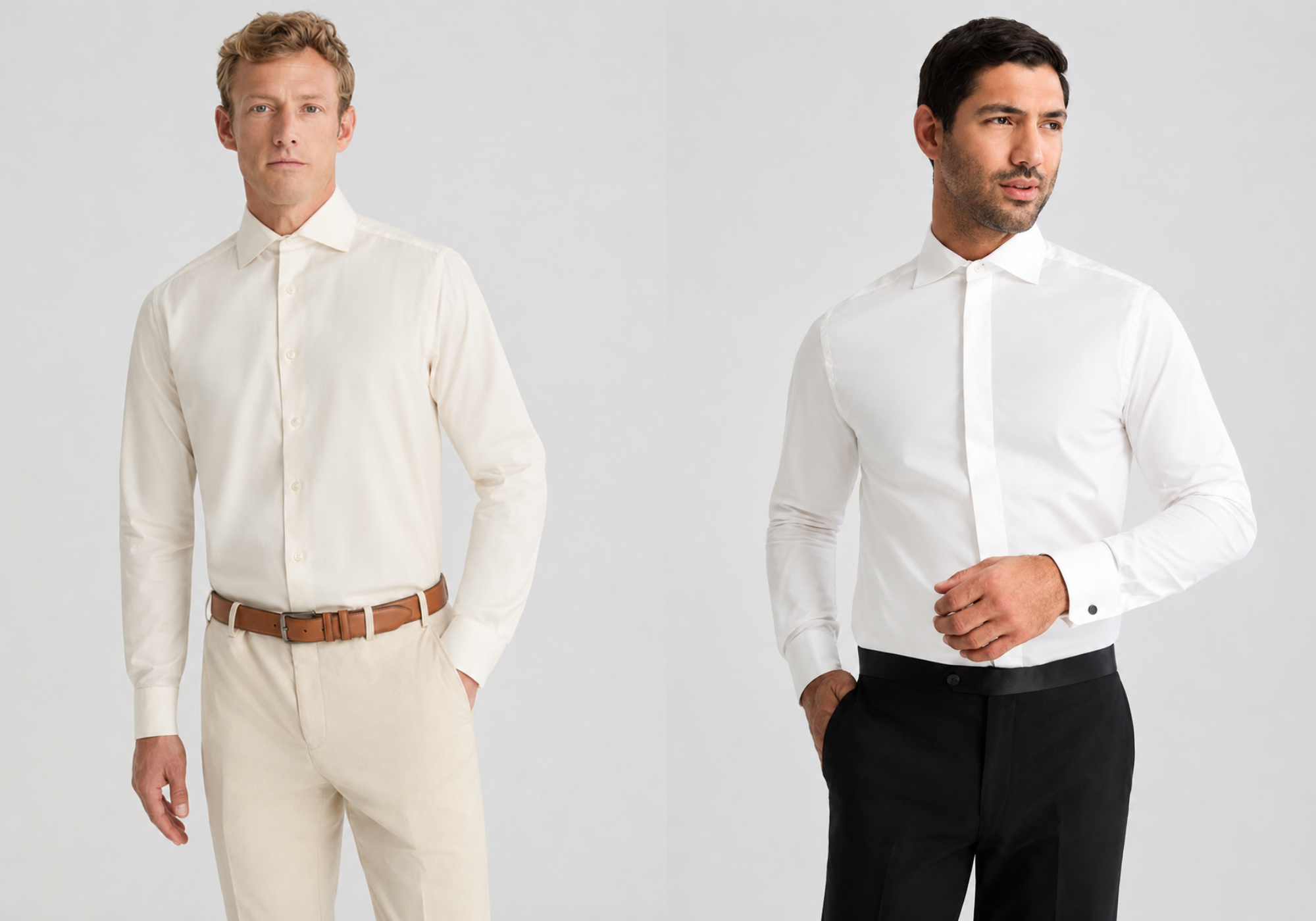 Two men standing side-by-side; one is in an ivory dress shirt and the other is in a white dress shirt.