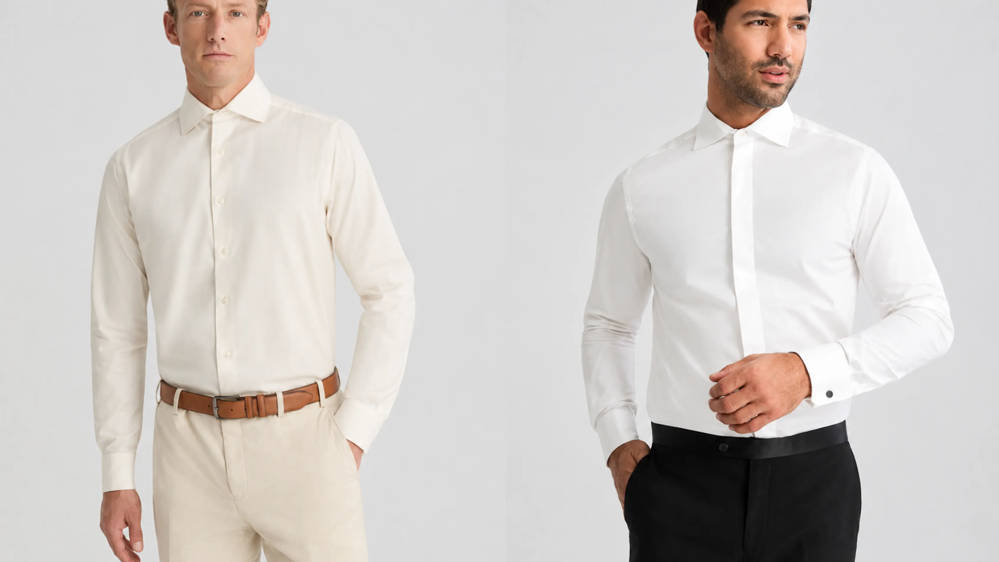 Two men standing side-by-side; one is in an ivory dress shirt and the other is in a white dress shirt.