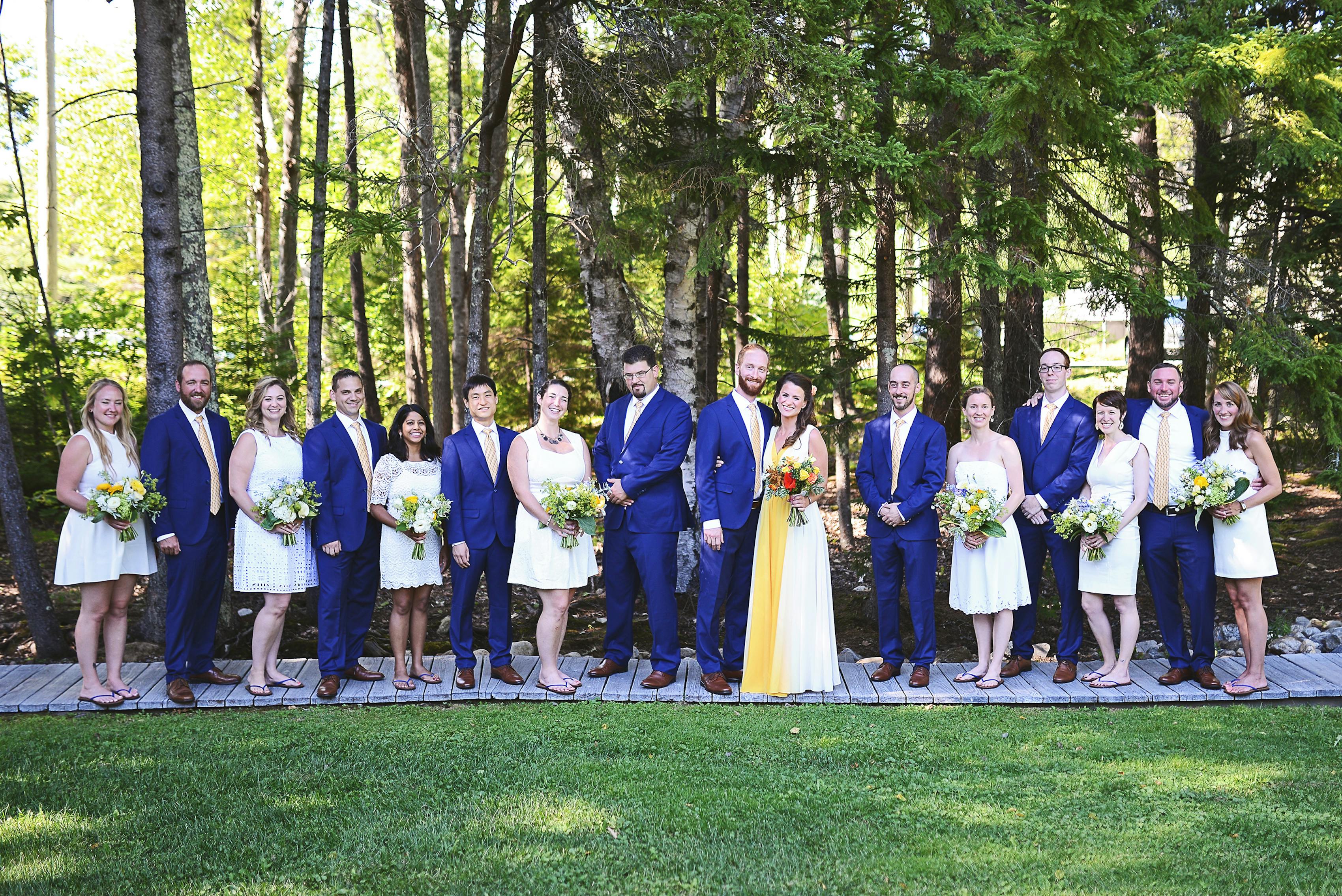 Blue suits for groomsmen short bridesmaids dresses