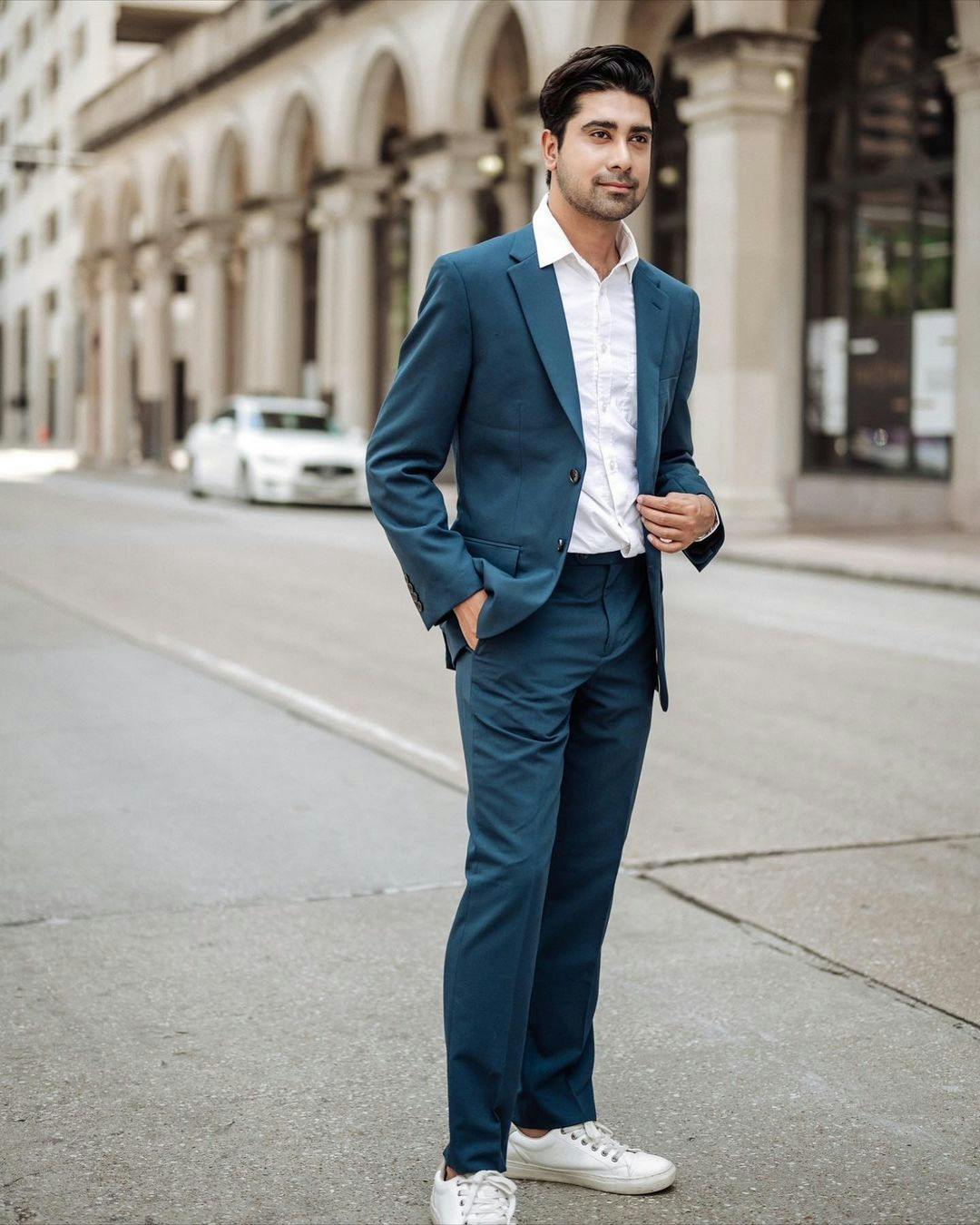 Bright and bold teal suit for men to add color to what to wear to work.